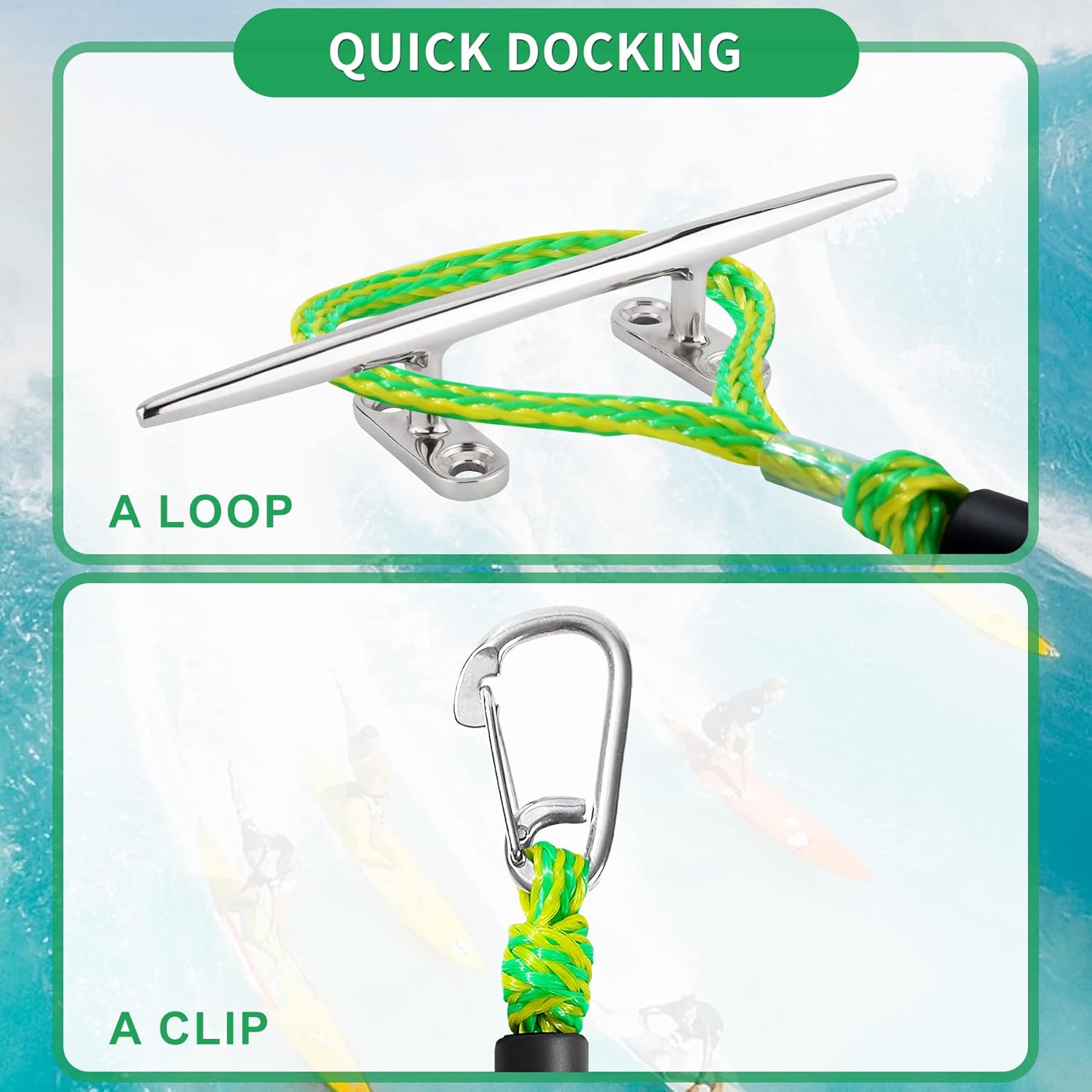 Líneas de muelle elástico para barcos, líneas de amarre marinas, cuerda de barco para acoplamiento con lazo y clip accesorios para moto acuática,
