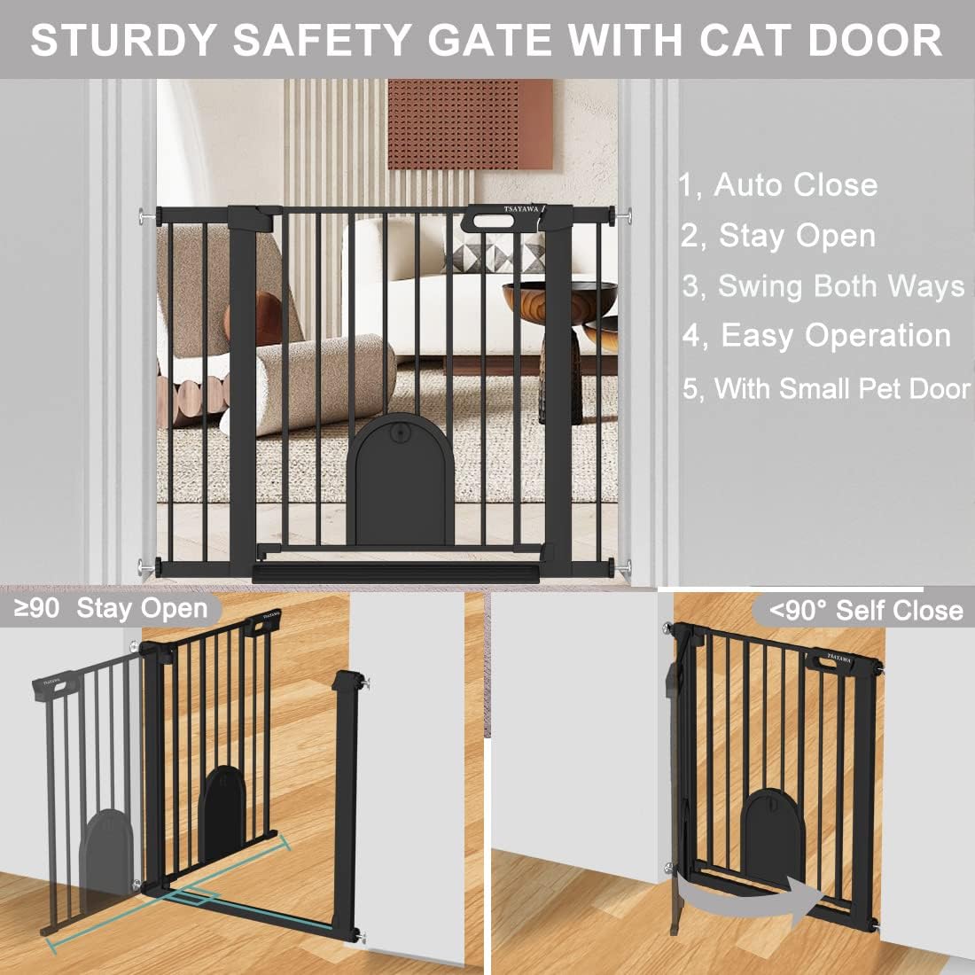 Mom’s Choice Awards Winner-TSAYAWA – Puerta de bebé con puerta para gatos de 30 a 40.5 pulgadas de ancho, color negro, para caminar a través de una