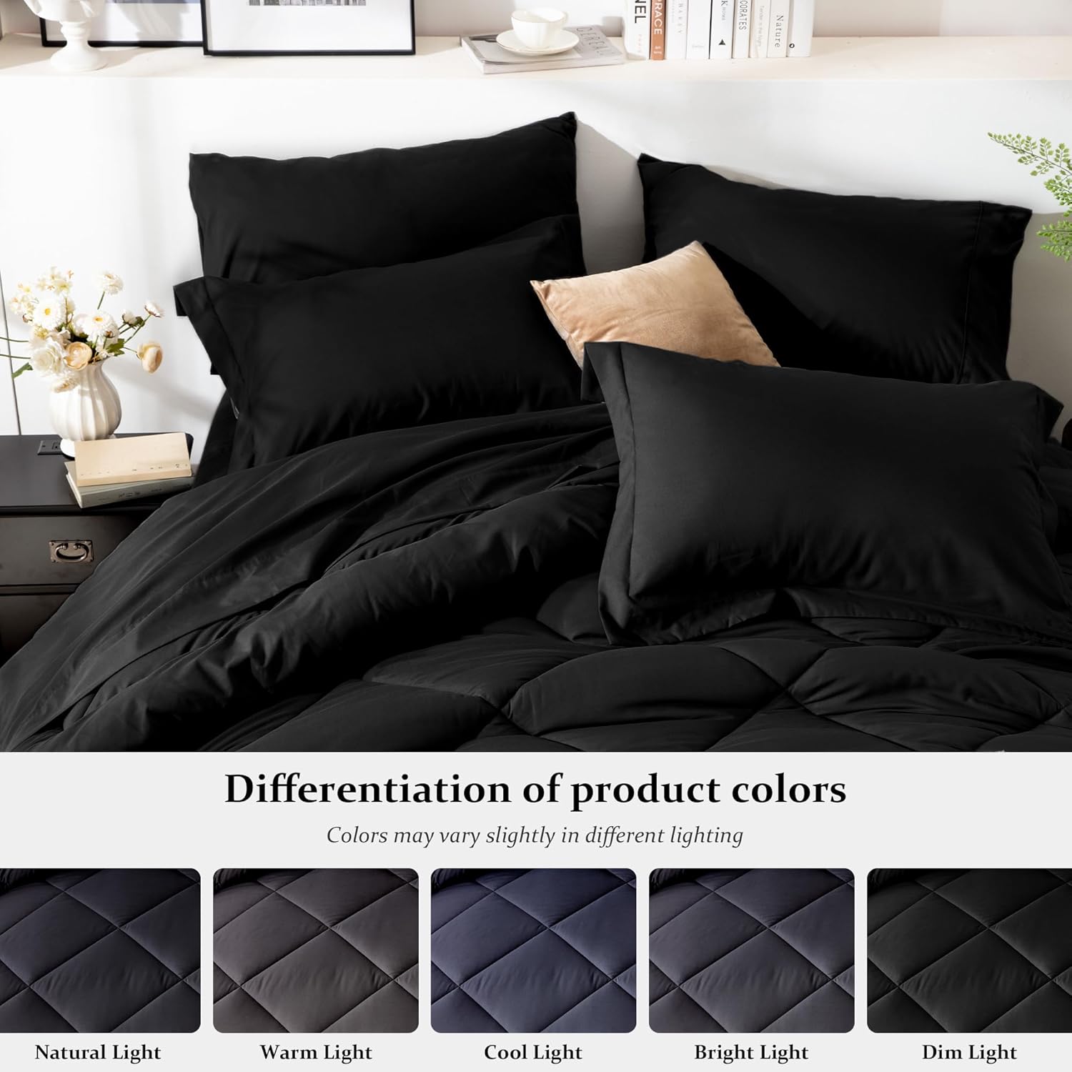 Newspin Juego de edredón de 6 piezas para cama individual en una bolsa, juego de cama negro para todas las estaciones, juegos de ropa de cama