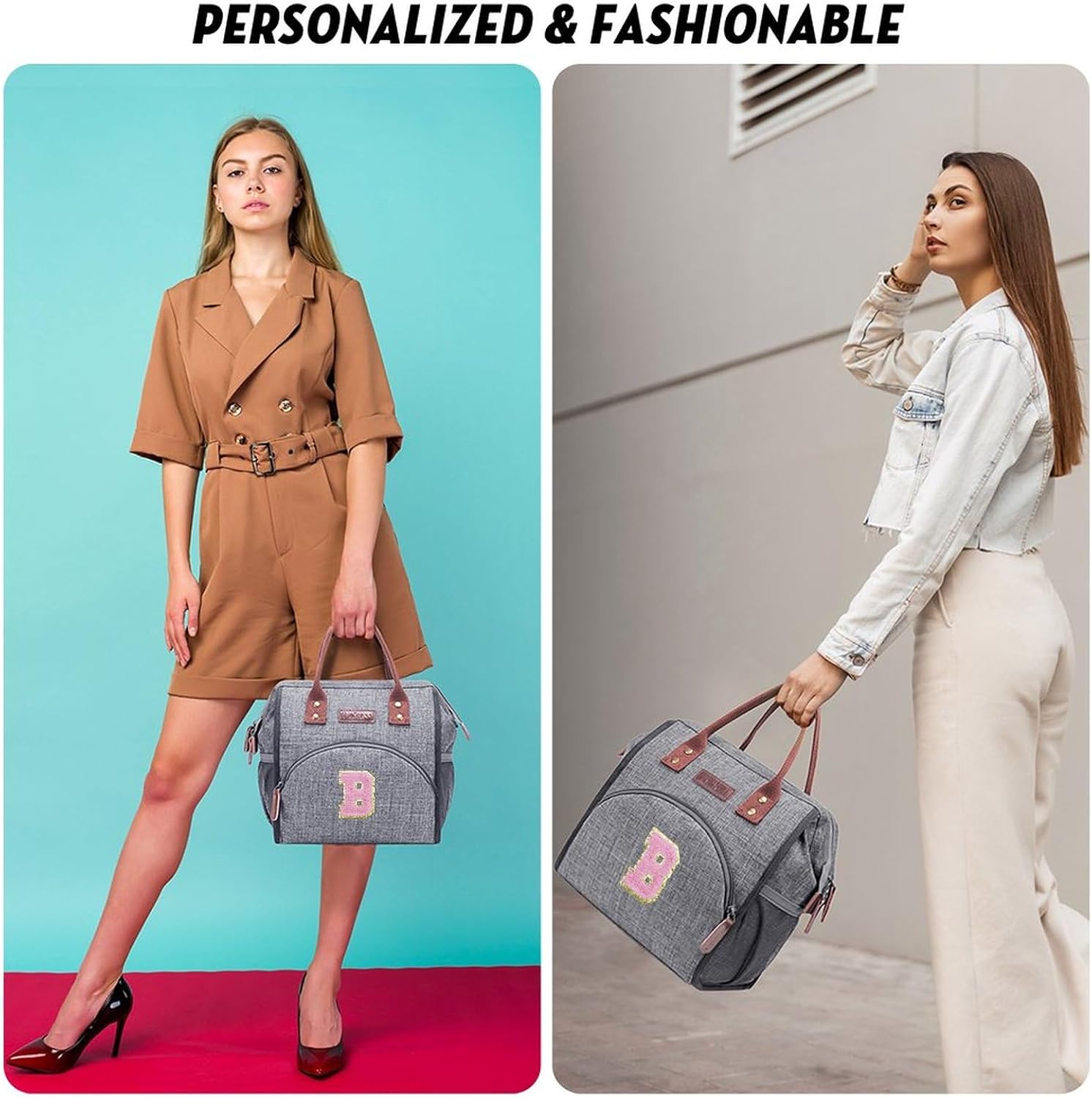 LOKASS Lonchera para mujeres, bolsa de almuerzo aislada con inicial para adultos, bolsa de almuerzo reutilizable para el trabajopicnic, regalos