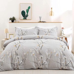 WONGS BEDDING Juego de funda de edredón gris tamaño individual, juego de ropa de cama con estampado de flor de ciruelo con 1 funda de almohada, 2 WONGS BEDDING Juego de funda de edredón gris tamaño individual, juego de ropa de cama con estampado de flor de ciruelo con 1 funda de almohada, 2