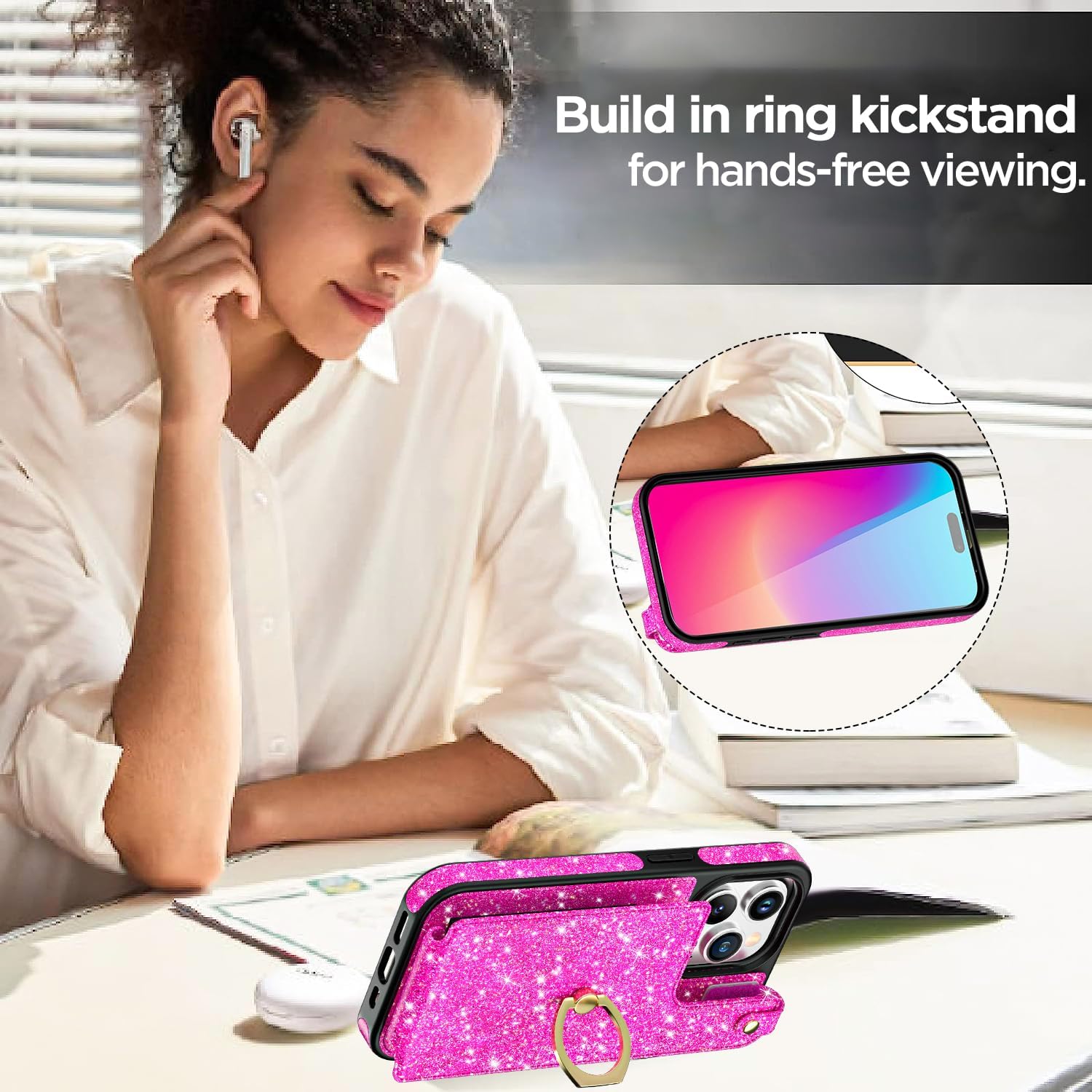 AICase Funda para tarjetas compatible con iPhone 15 Pro, funda protectora brillante con purpurina para mujer con soporte de anillo y 8 ranuras para