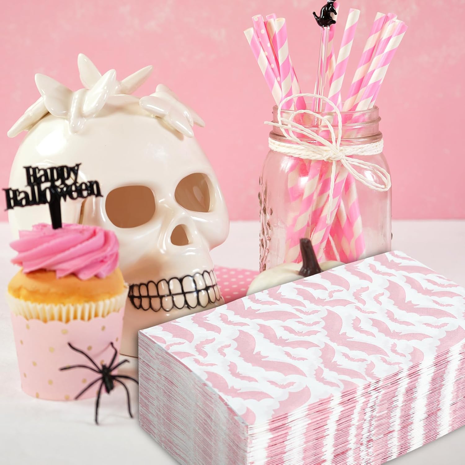 AnyDesign Paquete de 100 servilletas de 3 capas desechables de papel de murciélago rosa para Halloween, servilletas de mano para fiesta de