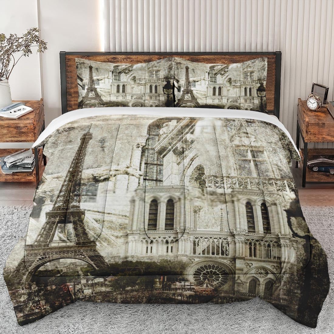 Juego de edredón tamaño King, juego de ropa de cama suave de torre retro vintage de París para niños y adultos, juego de edredón gótico francés