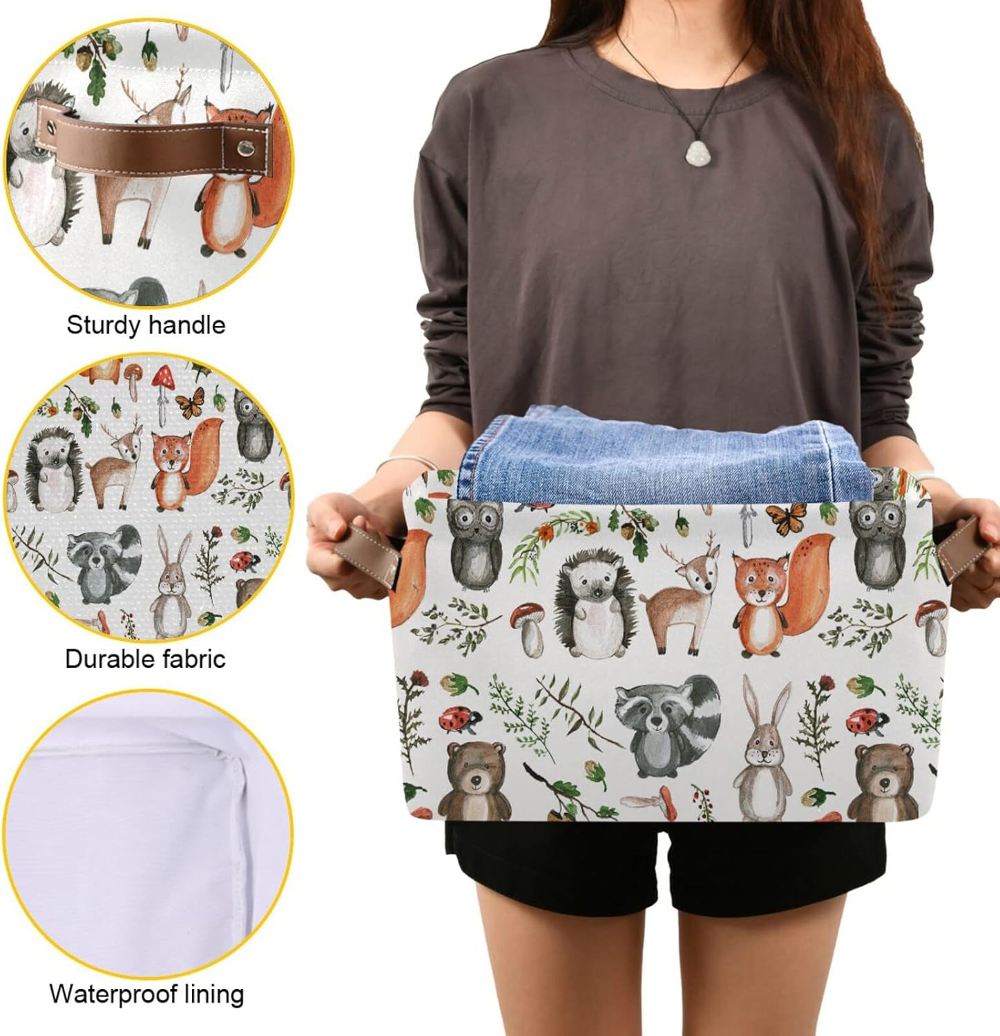 senya Cesta de almacenamiento de 2 piezas, bolsa de ropa plegable grande, rectangular, plegable, de tela, cesta de lavado plegable, lindos animales