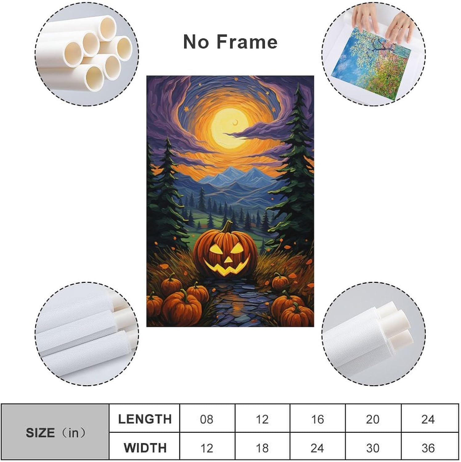 Póster de noche estrellada de Van Gogh con diseño de calabaza, lienzo divertido y estético, decoración de pared de bosque de fantasía, pósteres e