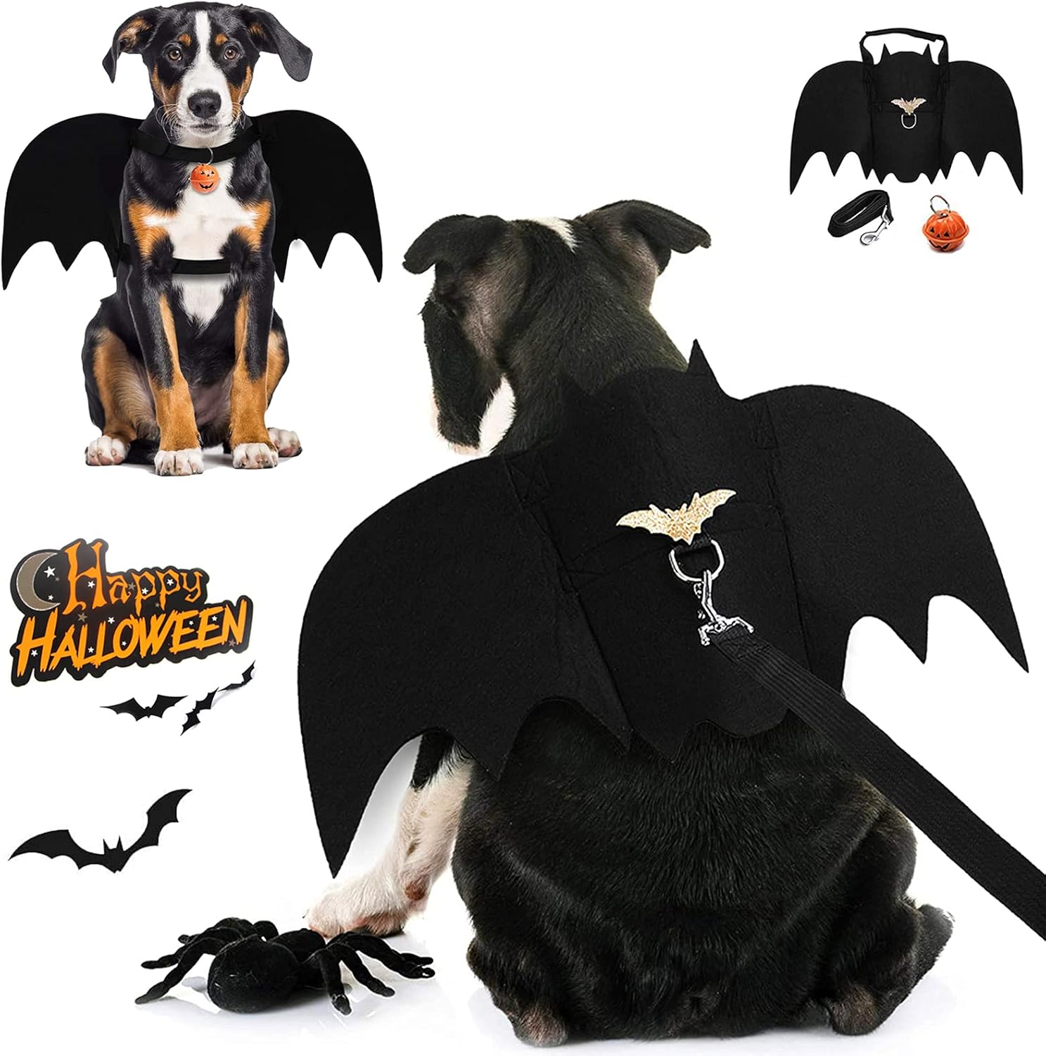 Alas de murciélago para perro, disfraz de Halloween para perros medianos y grandes, ropa divertida para perros con correas y campanas de calabaza,