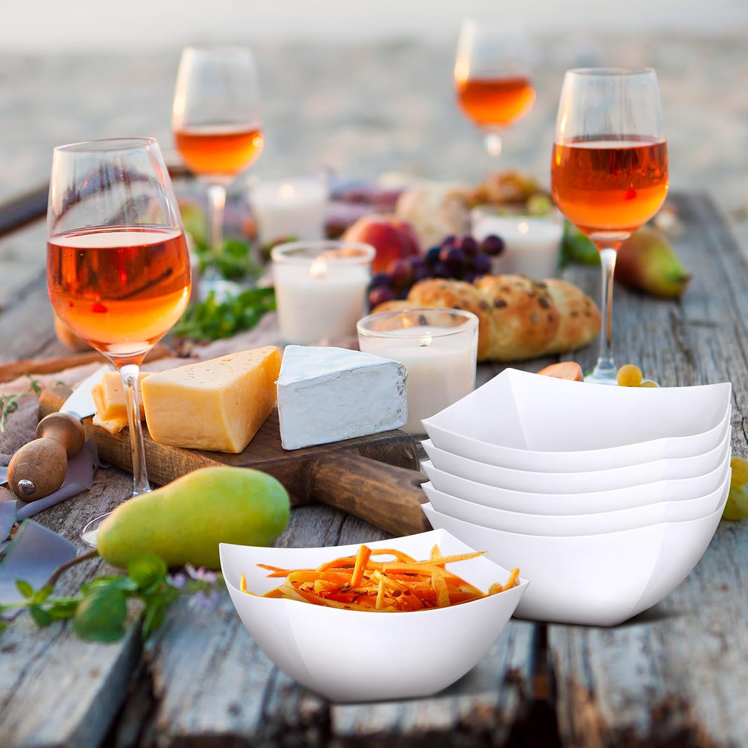 50 cuencos cuadrados de plástico para servir, cuencos desechables para aperitivos, ensalada, cuencos pequeños para fiesta, barra de caramelos,