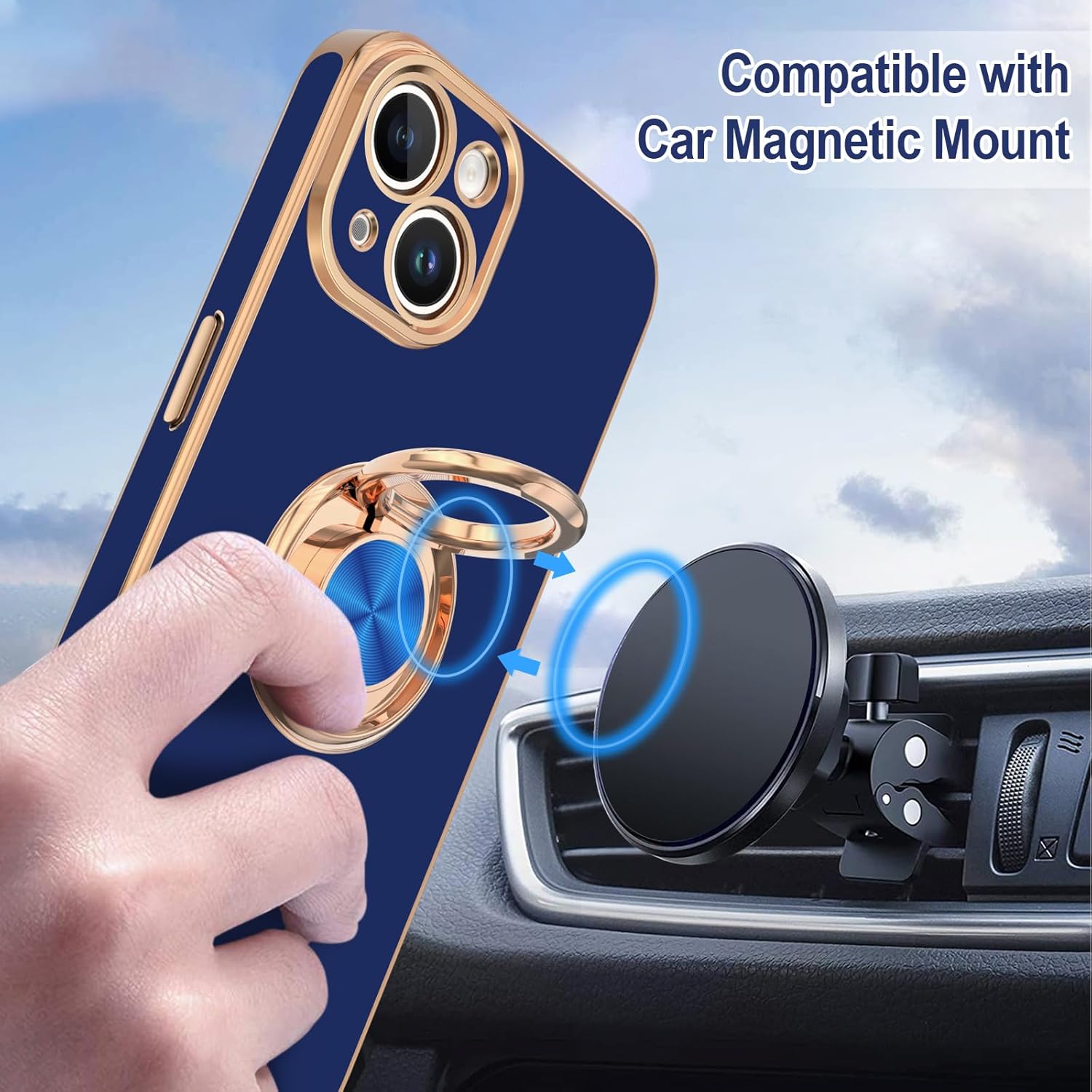 Hython Funda para iPhone 15 Plus con soporte de anillo, soporte de anillo giratorio de 360, soporte magnético, chapado en oro rosa, cubierta suave,