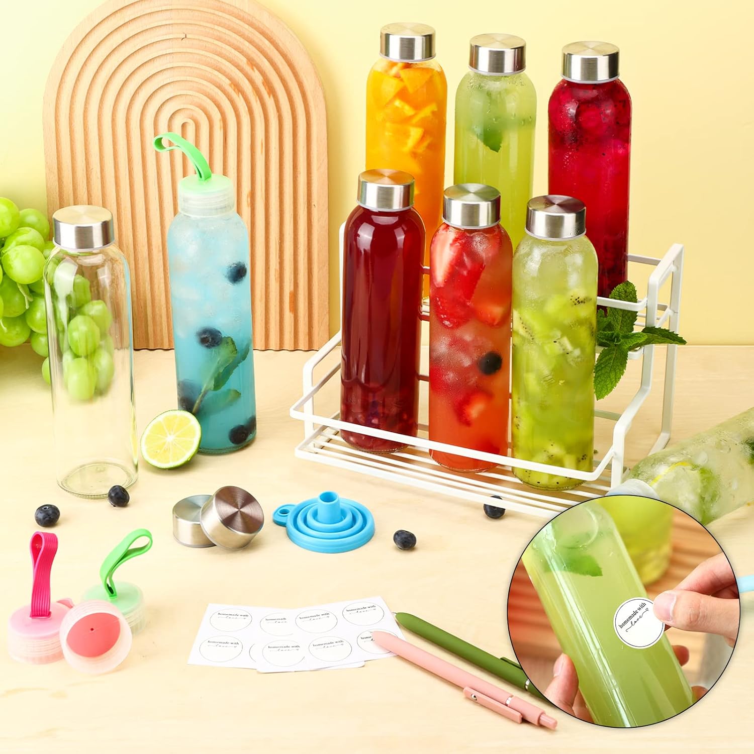 CUCUMI Botellas de jugo de vidrio de 18 onzas, 12 botellas de agua de vidrio con tapas de acero inoxidable, botellas de jugo reutilizables a granel