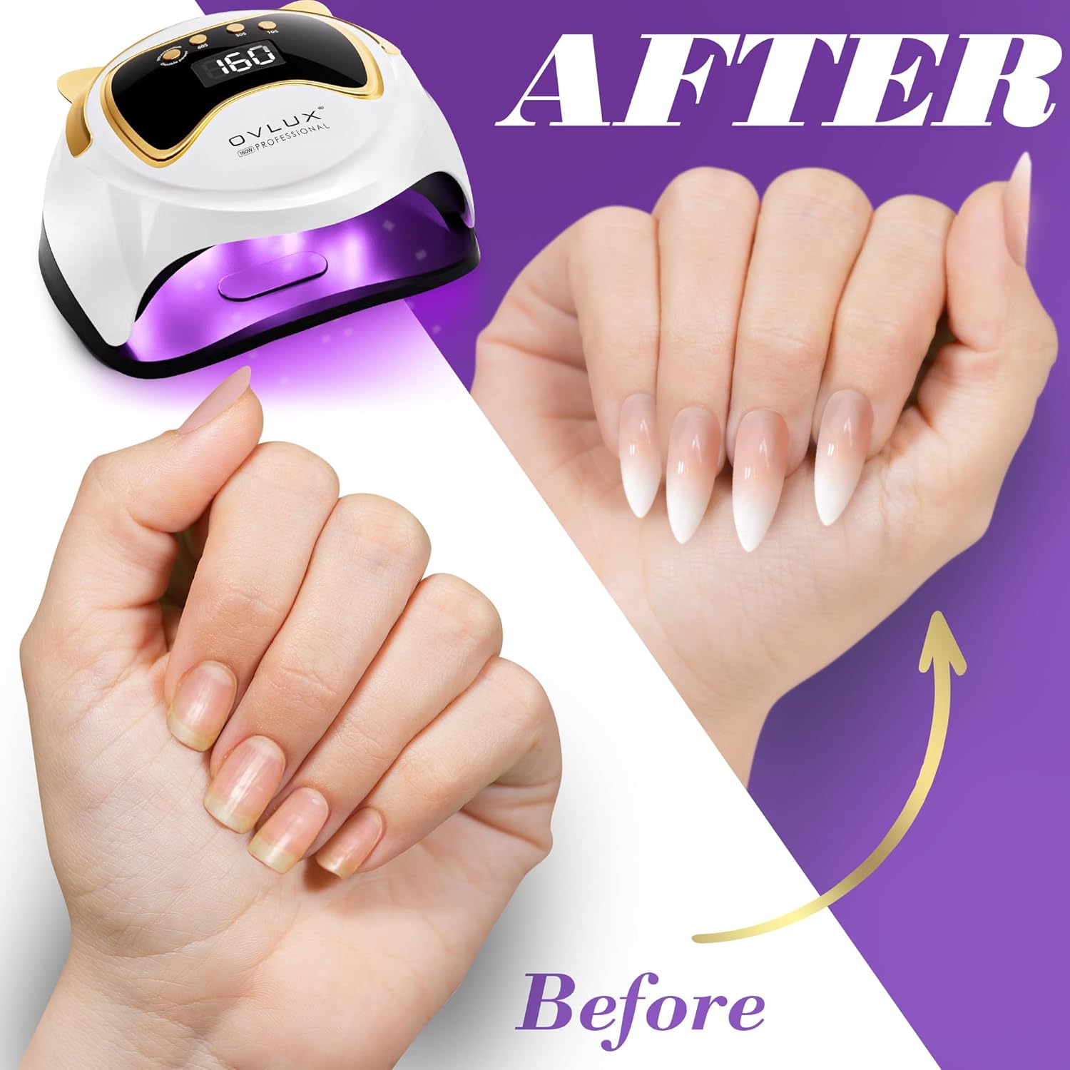 OVLUX Lámpara de uñas LED UV de 160 W, lámpara profesional de secado de uñas con 3 temporizadores y pantalla LCD, curado de gel UV y luz de esmalte