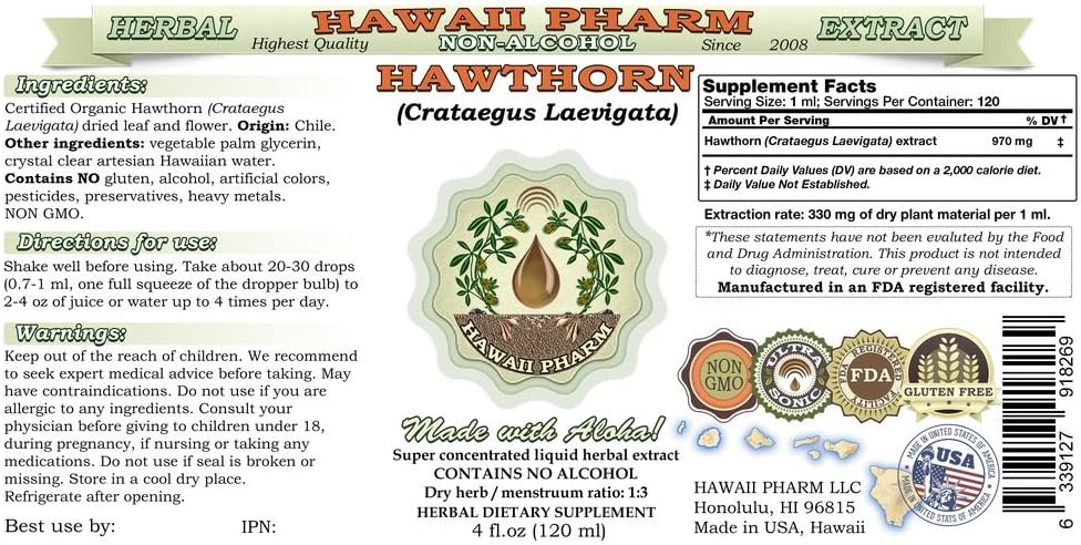 HawaiiPharm Extracto líquido sin alcohol de espino, espino (Crataegus Laevigata) Suplemento herbario de glicerita de hojas secas y flores, 2 onzas