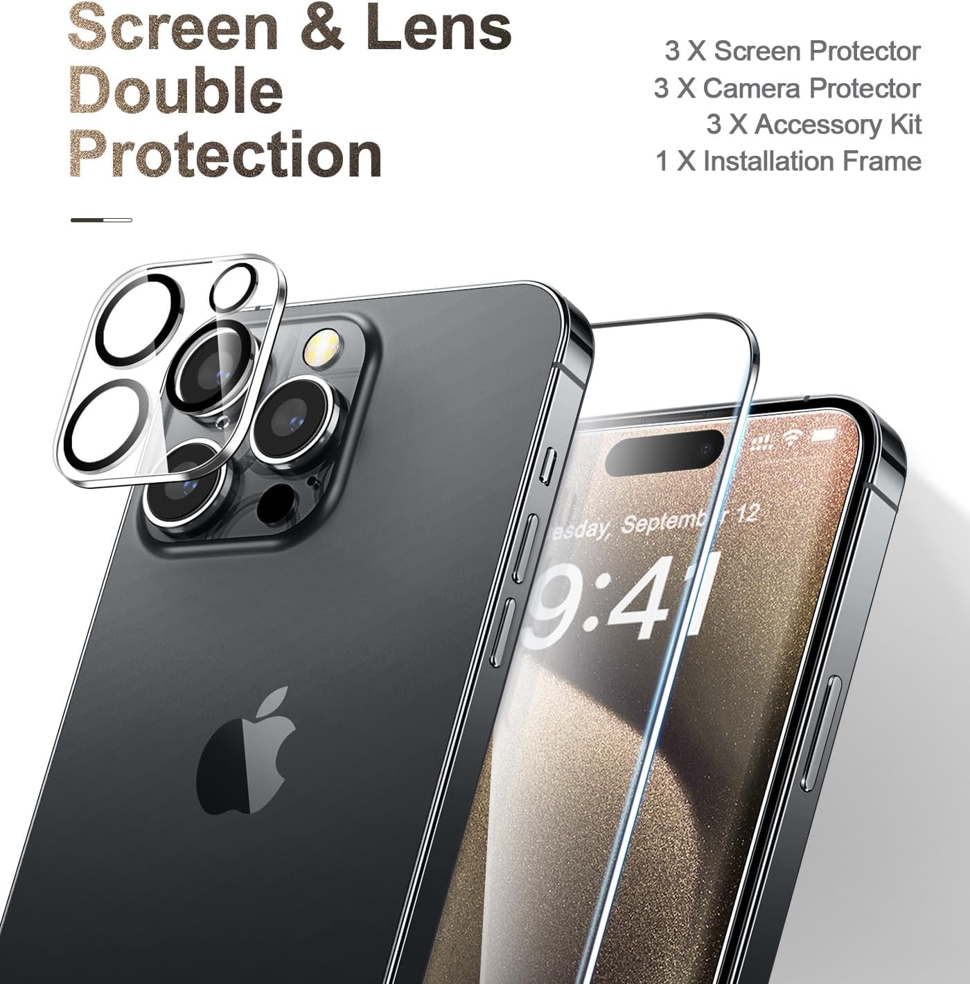 CANSHN Paquete de 3+3 protectores de pantalla compatibles con iPhone 15 Pro Max