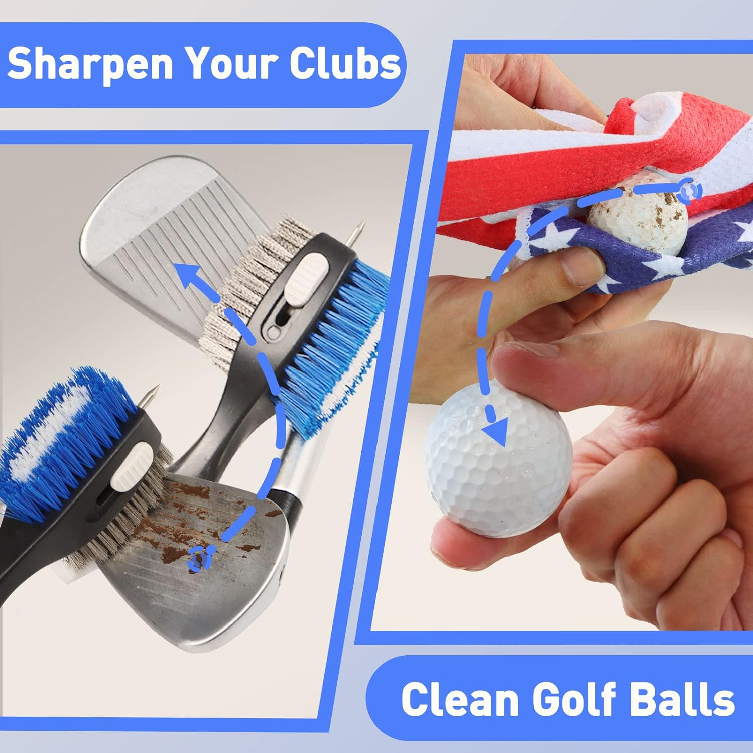 Golf Club Brush and Amercian Flag Golf Towels, Golf Groove Cleaner Cleaning kit, Golf Accessories Cleaner Tool with Strong Magnet Stick to Golf