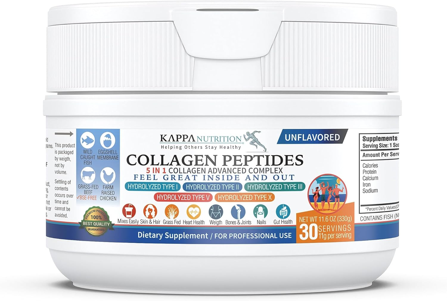 KAPPA NUTRITION Complejo de colágeno – Tipo I, II, III, V, X, alimentado con pasto, sin OMG, 30 porciones