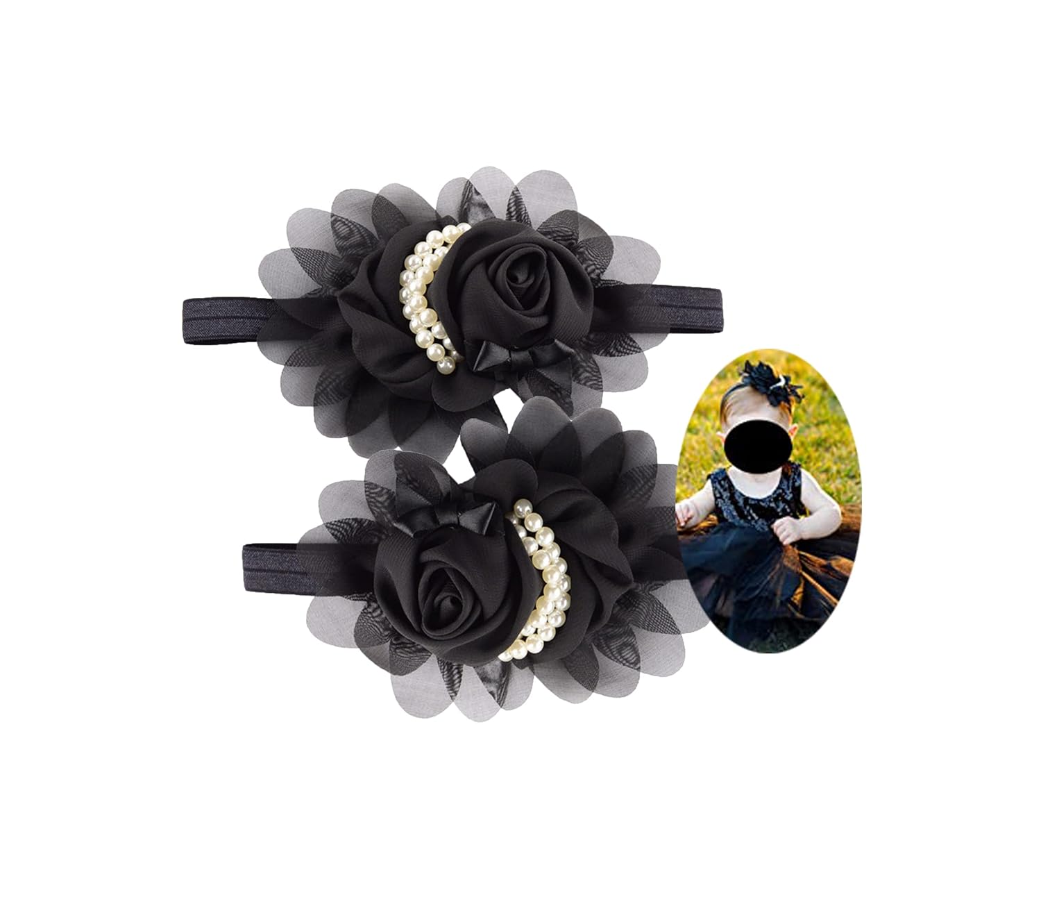 2 diademas negras para bebé niña con perlas y flores de perlas, accesorios de banda para el pelo para niños pequeños (FD48-negro)