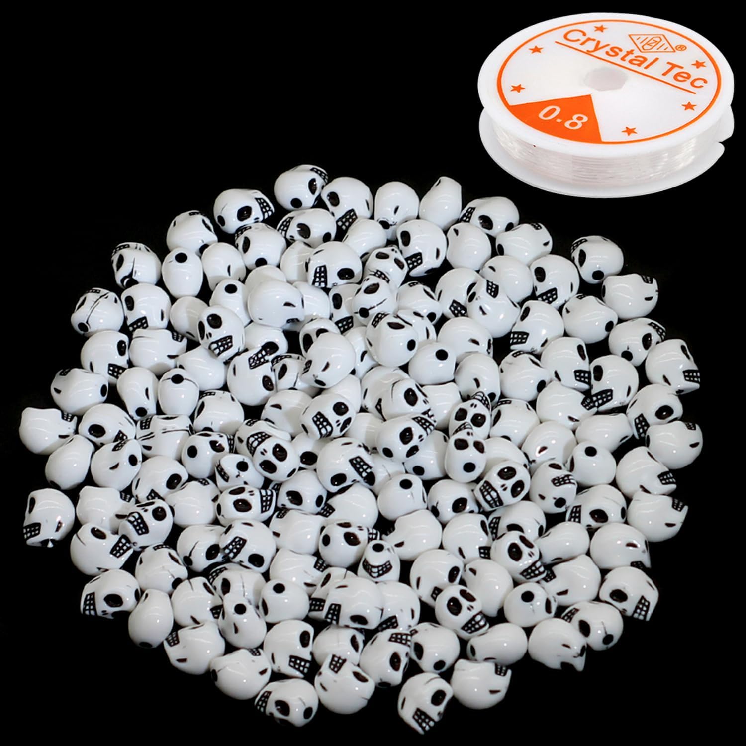 150 cuentas de calavera acrílicas, cuentas espaciadoras de cabeza de esqueleto, cuentas blancas sueltas de Halloween y 1 rollo de cuerda elástica