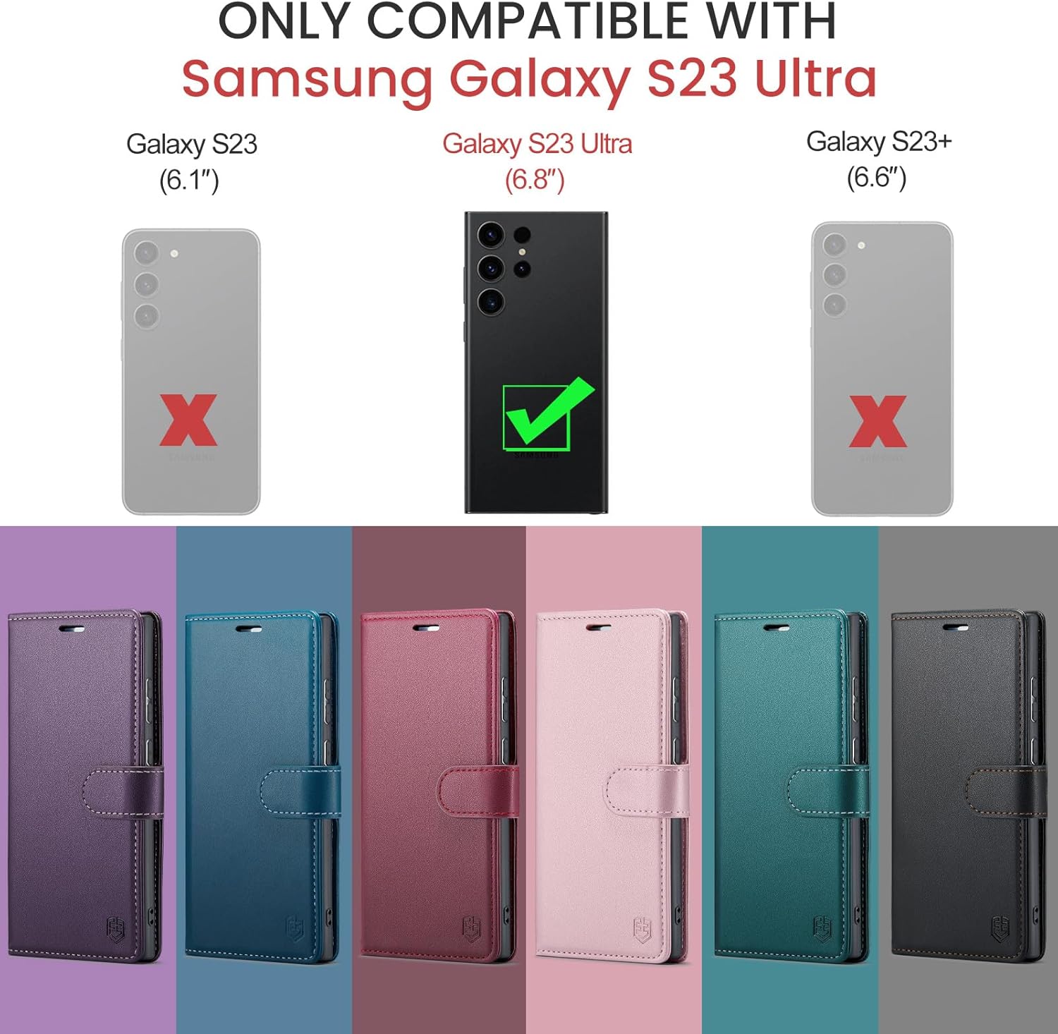 Funda tipo cartera para Samsung Galaxy S23 Ultra con bloqueo RFID, soporte para tarjeta de crédito, de piel sintética, función atril, funda