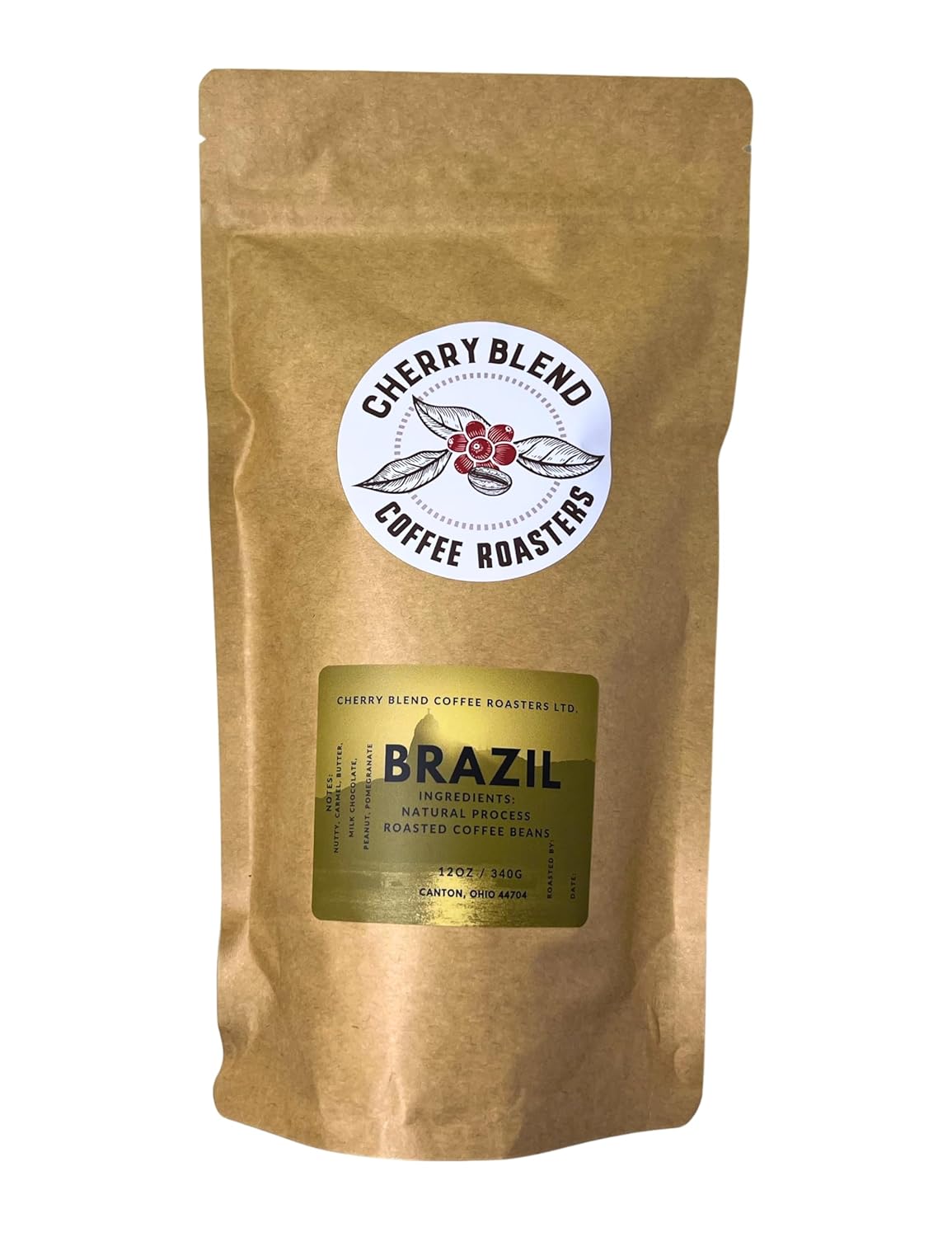 Cherry Blend Coffee Roasters Café de grano entero Brasil, tostado oscuro, 100% arábica, baja acidez, 12 onzas