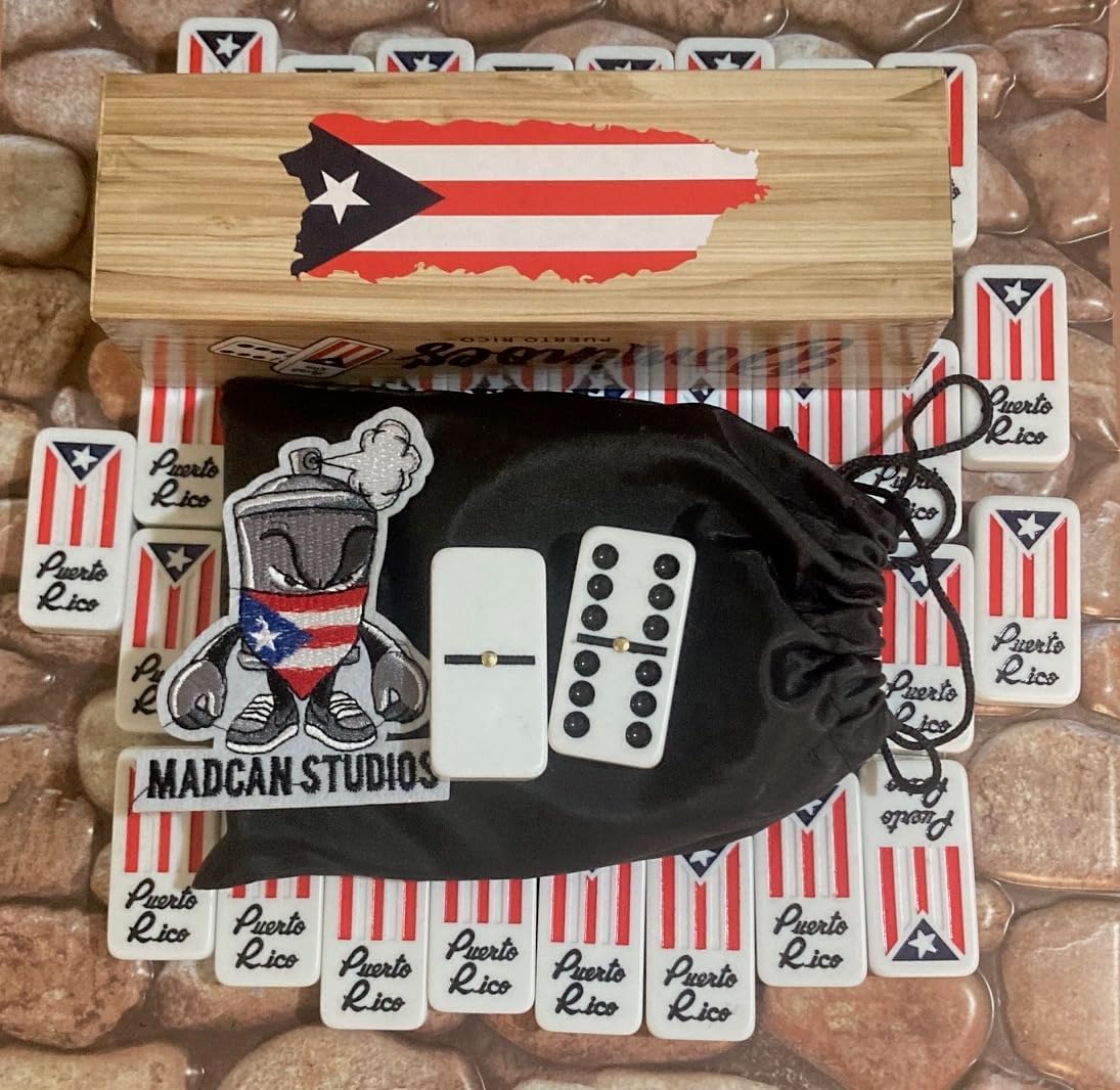 Juego de dominó de Puerto Rico, juego de dominó puertorriqueño, accesorios estilo boricua doble seis dominó de gran tamaño con banderas de Puerto