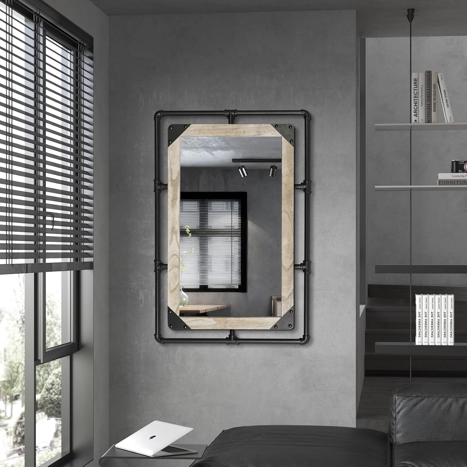 Espejo de tubo industrial rústico  36 x 24 pulgadas, espejo de pared rectangular de metal decorativo para baño, sala de estar, dormitorio, espejo de