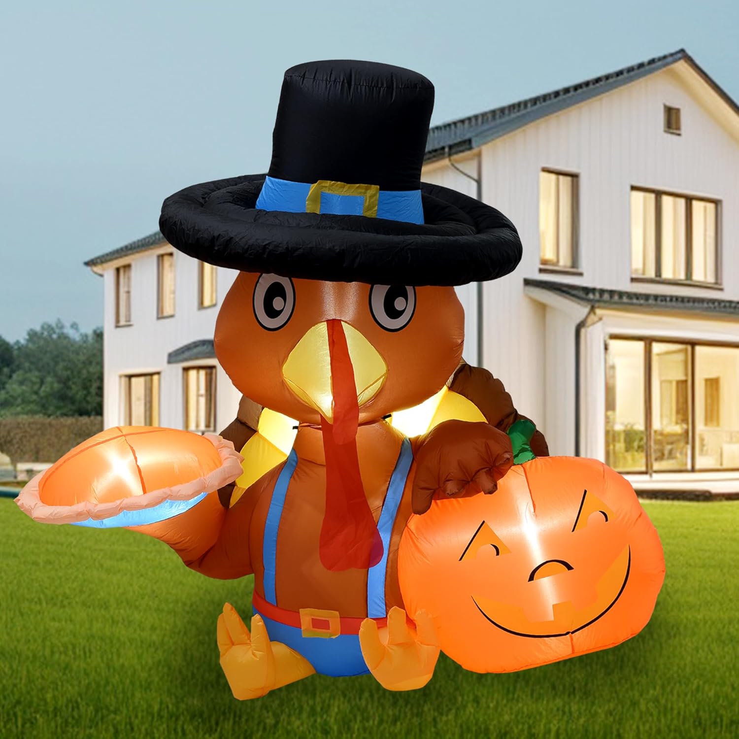 HEISOK Decoraciones inflables de pavo de Acción de Gracias, pavo inflable de 6 pies con calabaza, luces LED integradas, pavo inflable para