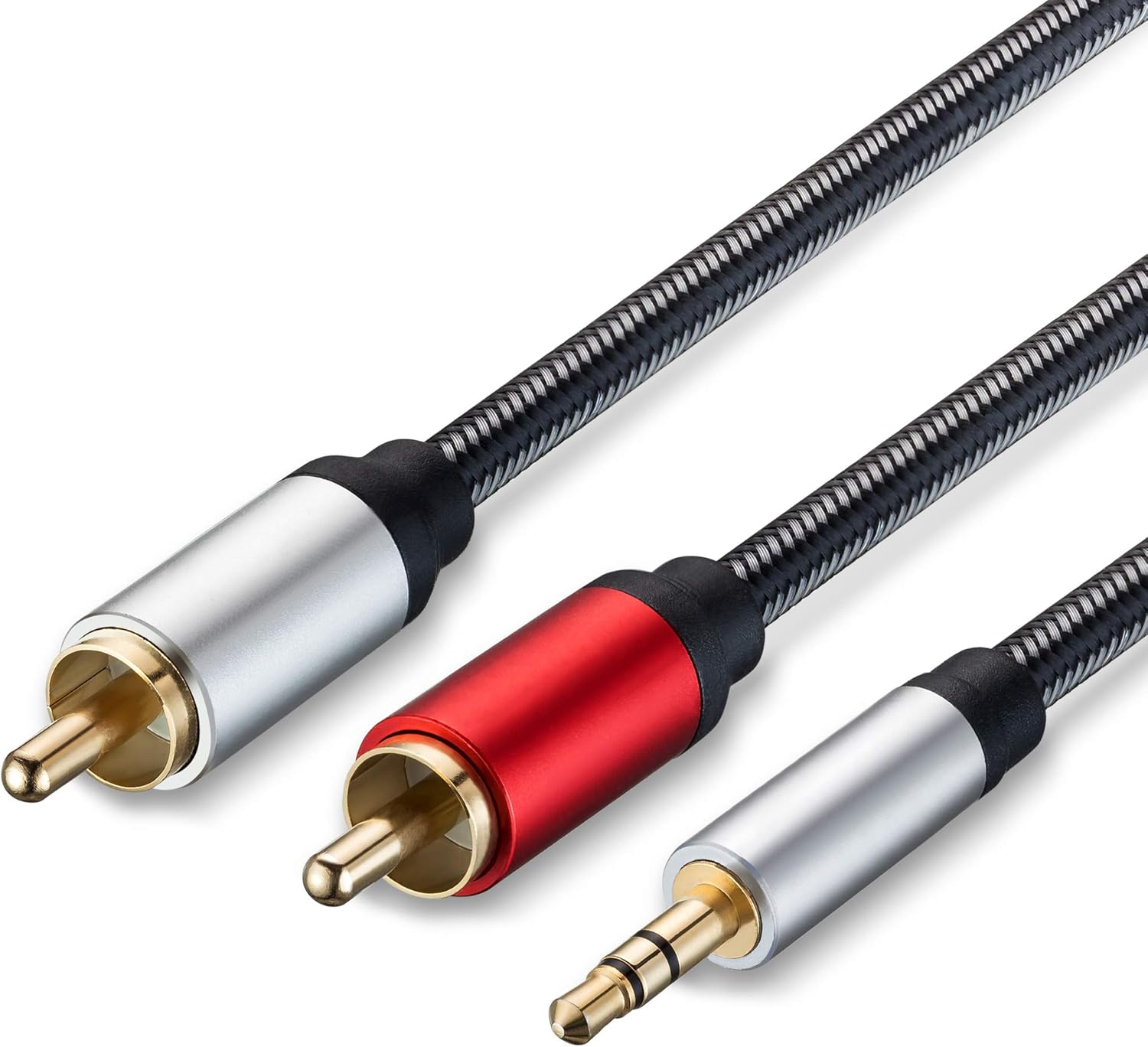 Cable RCA de 25 pies, 0.138 in macho a 2RCA macho, cable adaptador de audio estéreo de nailon trenzado, cable AUX RCA Y para teléfonos inteligentes,