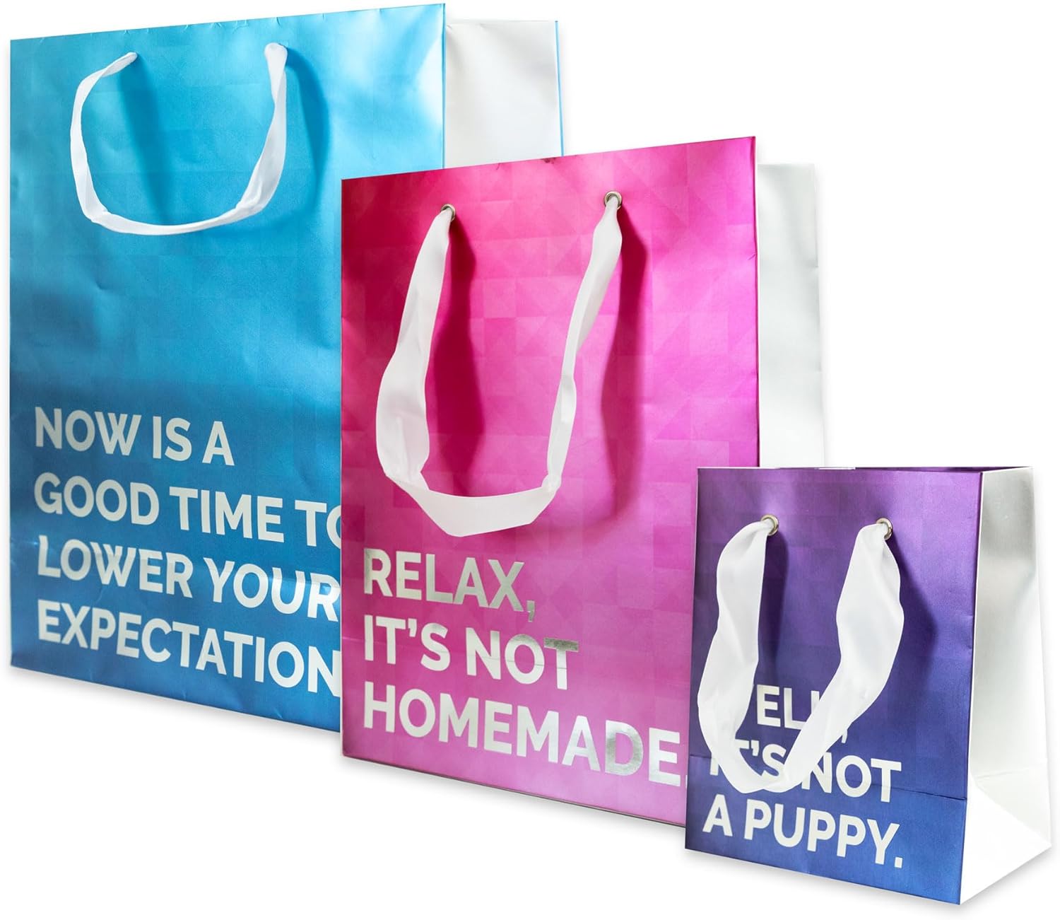 Prank-O – Bolsas de regalo novedosas, paquete de 3, Bueno, no es un cachorro, relájate, no es casero, ahora es un buen momento para reducir tus