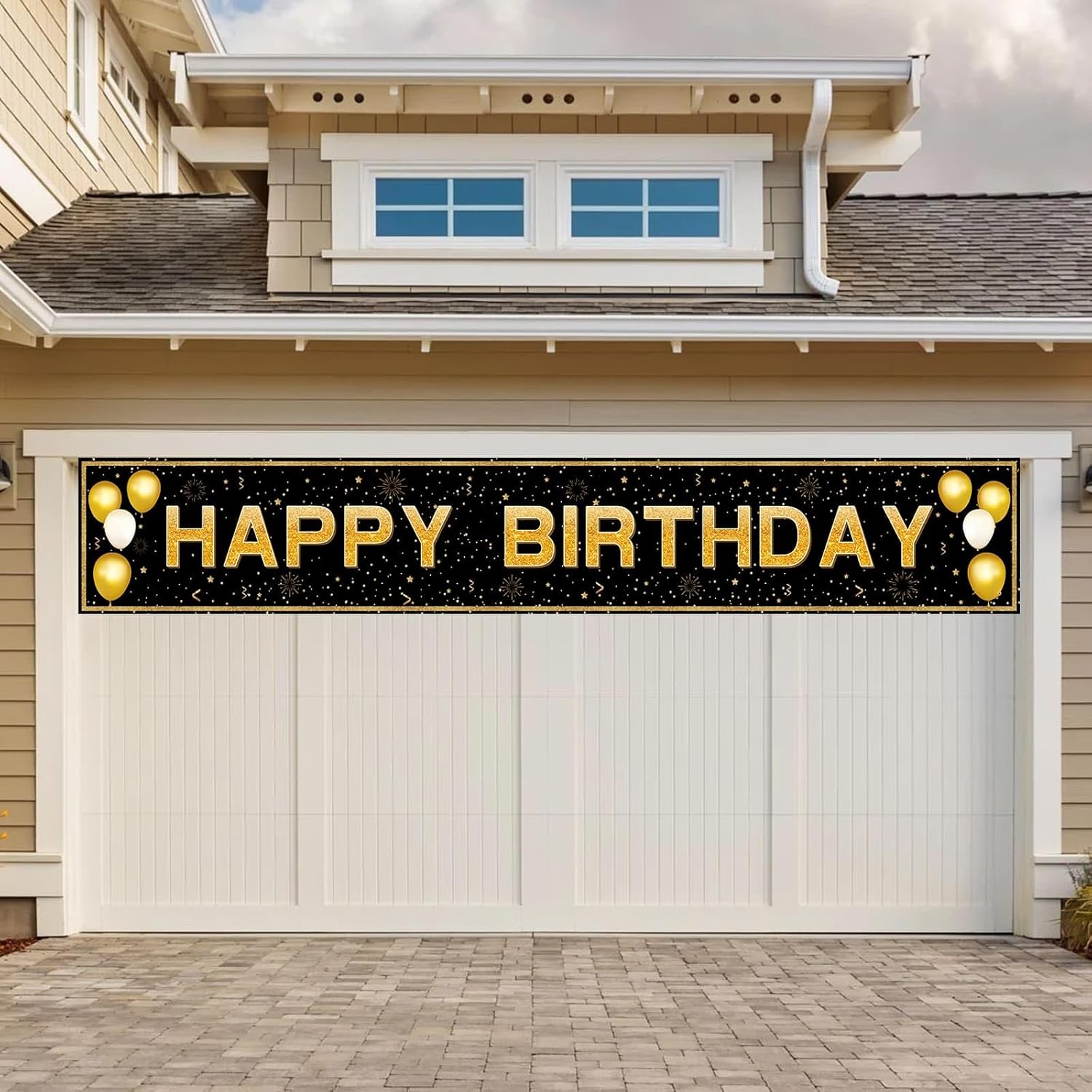 ANATANOWOR Cartel grande de feliz cumpleaños, decoraciones de cumpleaños negro y dorado, cartel de feliz cumpleaños, carteles de patio, decoraciones