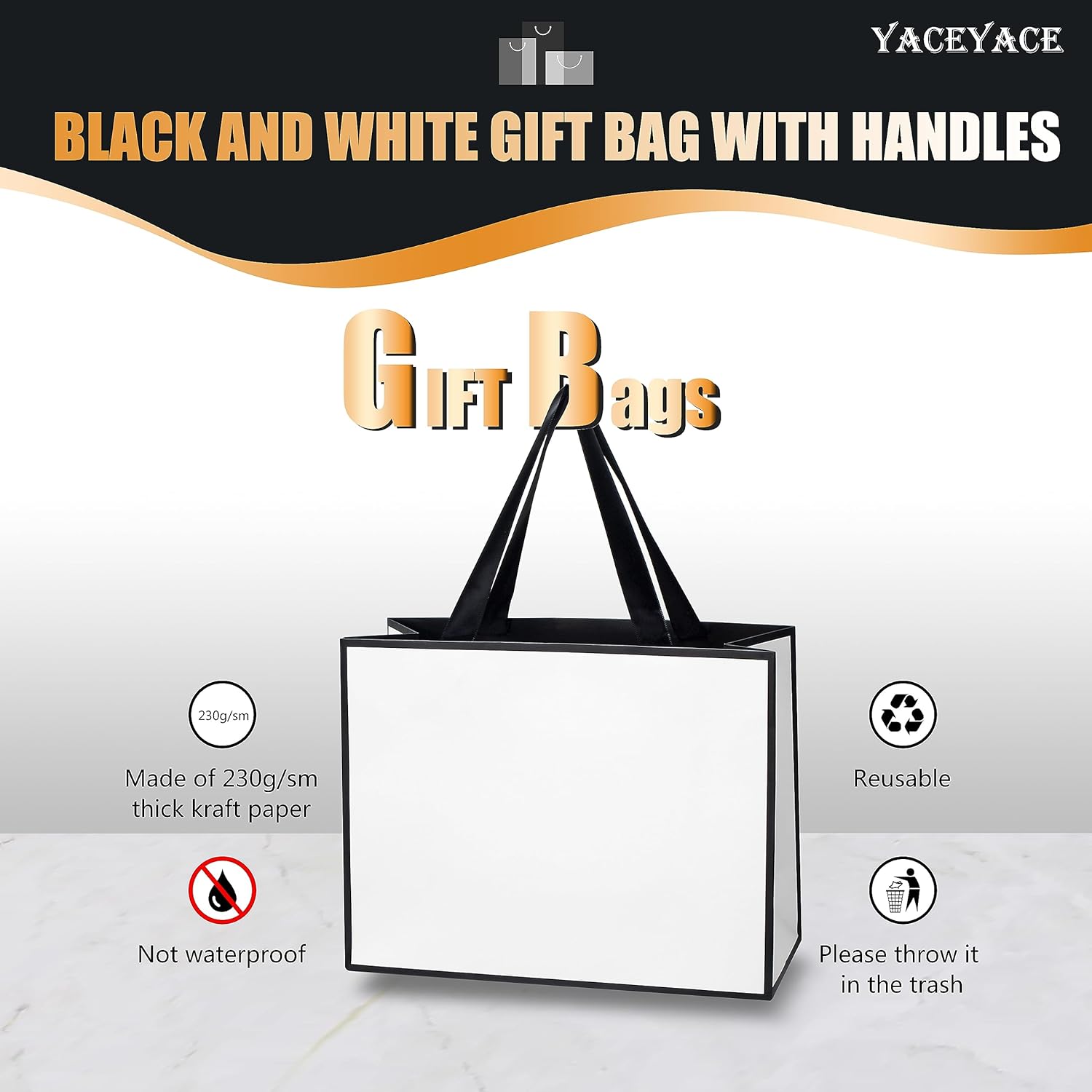 Bolsas de regalo blancas y negras a granel YACEYACE 20 piezas de 10.5 x 4.25 x 8 pulgadas, bolsas de regalo medianas blancas con asas de cinta,