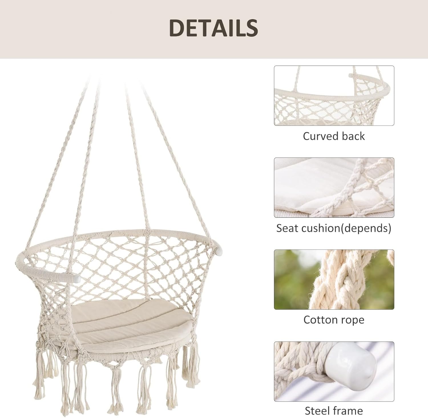 Outsunny – Silla hamaca de cuerda de algodón, hamaca colgante con marco de metal y cojín, asiento grande de macramé, patio, jardín, dormitorio, sala