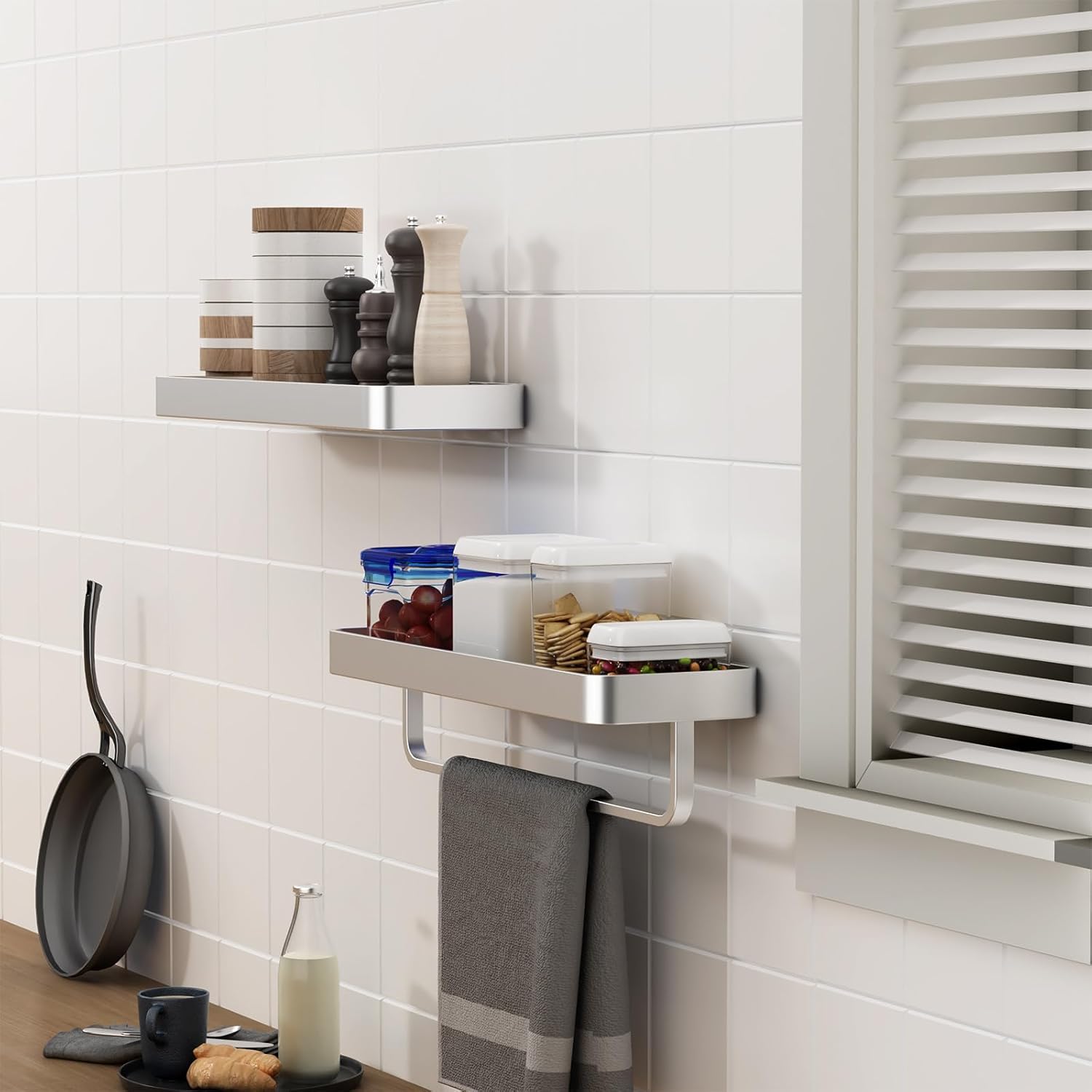 Bathroom Shelf Glass Bathroom Shelves Wall Mounted Rectangular Floating Shelves for Wall Decor Bathroom Organizer Matte Silver Set