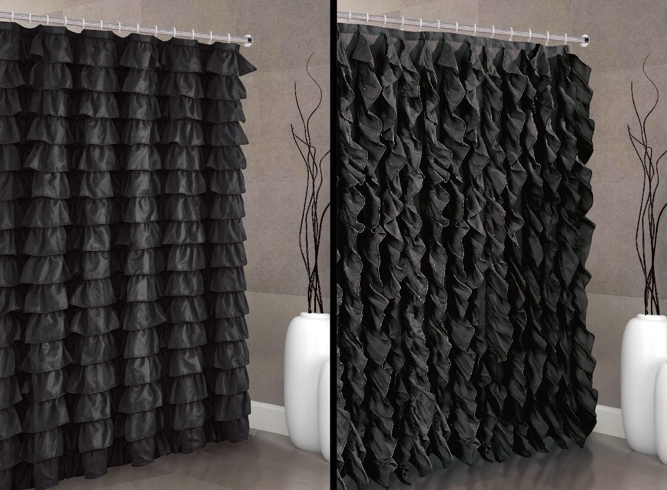 spring Home Cortina de ducha de tela con volantes estilo cascada Shabby Chic (2 en 1 color negro), 72 x 72 pulgadas