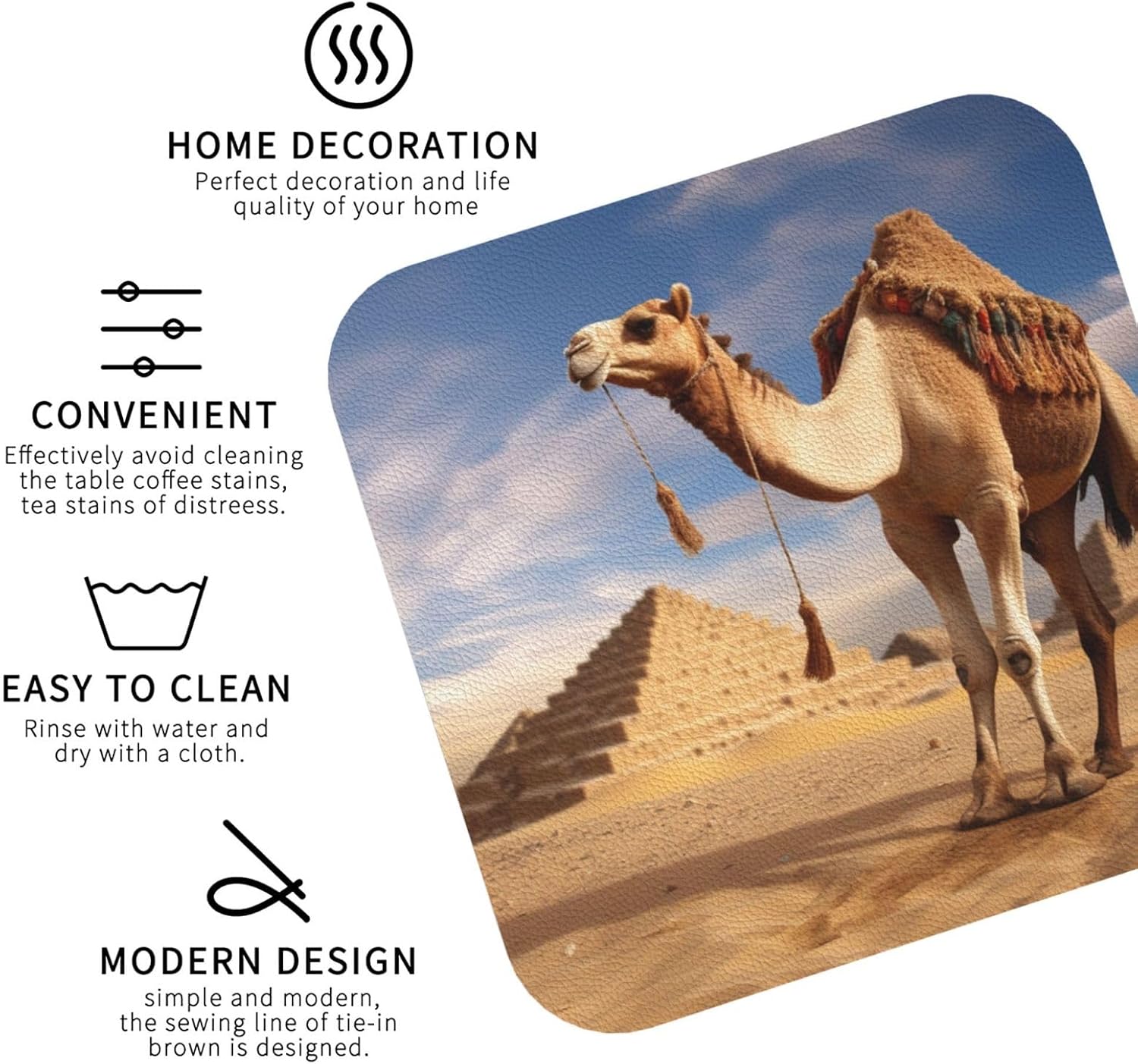 Camel Print Leather Coaster Drink Coasters Set of 4 Waterproof Funny Coaster for Drinks Round Cups Mugs Mat Pad for Kitchen Home Decor