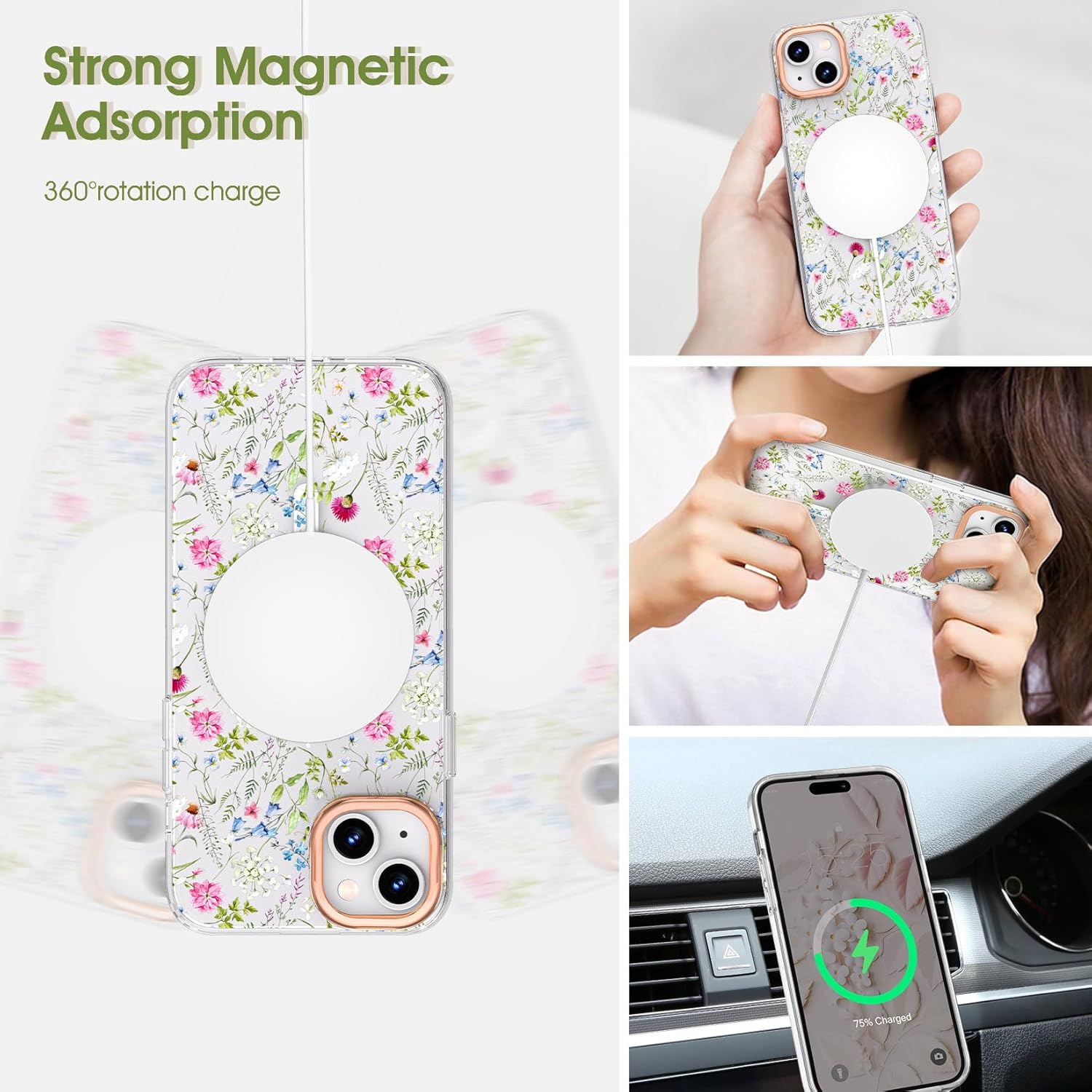 MILPROX Funda compatible con iPhone 15, compatible con MagSafe, bonito patrón floral de flores con niñas y mujeres, funda protectora magnética