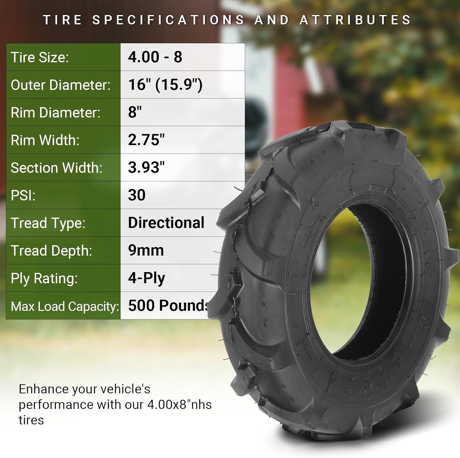 Paquete de 2 neumáticos de 4.00-8 pulgadas, sin cámara, 4PR para cortacésped, repuesto para cortacésped de césped 4.80-8 4.00-8, tractor de césped,