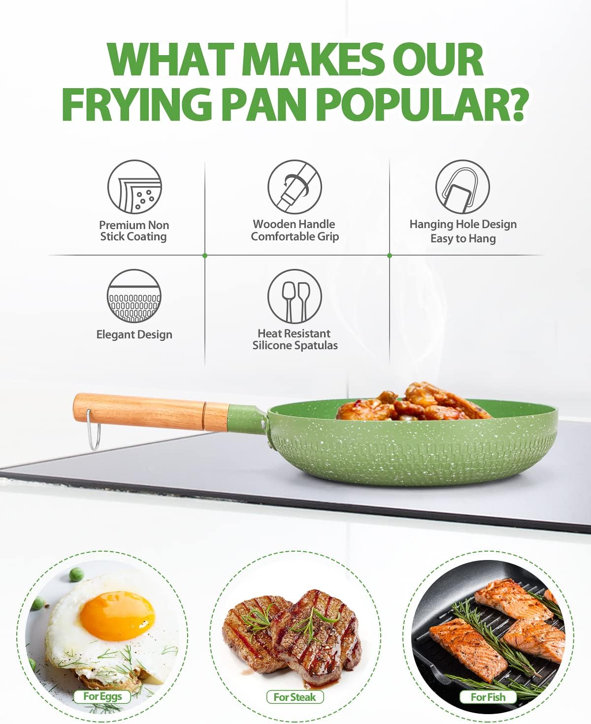 BUNDLEPRO Sartén antiadherente, sartén de revestimiento de granito con mango de madera, utensilios de cocina de aluminio verde compatible con