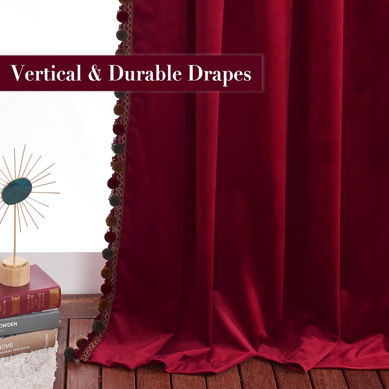 StangH Cortinas de terciopelo con pompones rojos de lujo, decoración del hogar navideña, con aislamiento térmico, para oscurecer la habitación, para