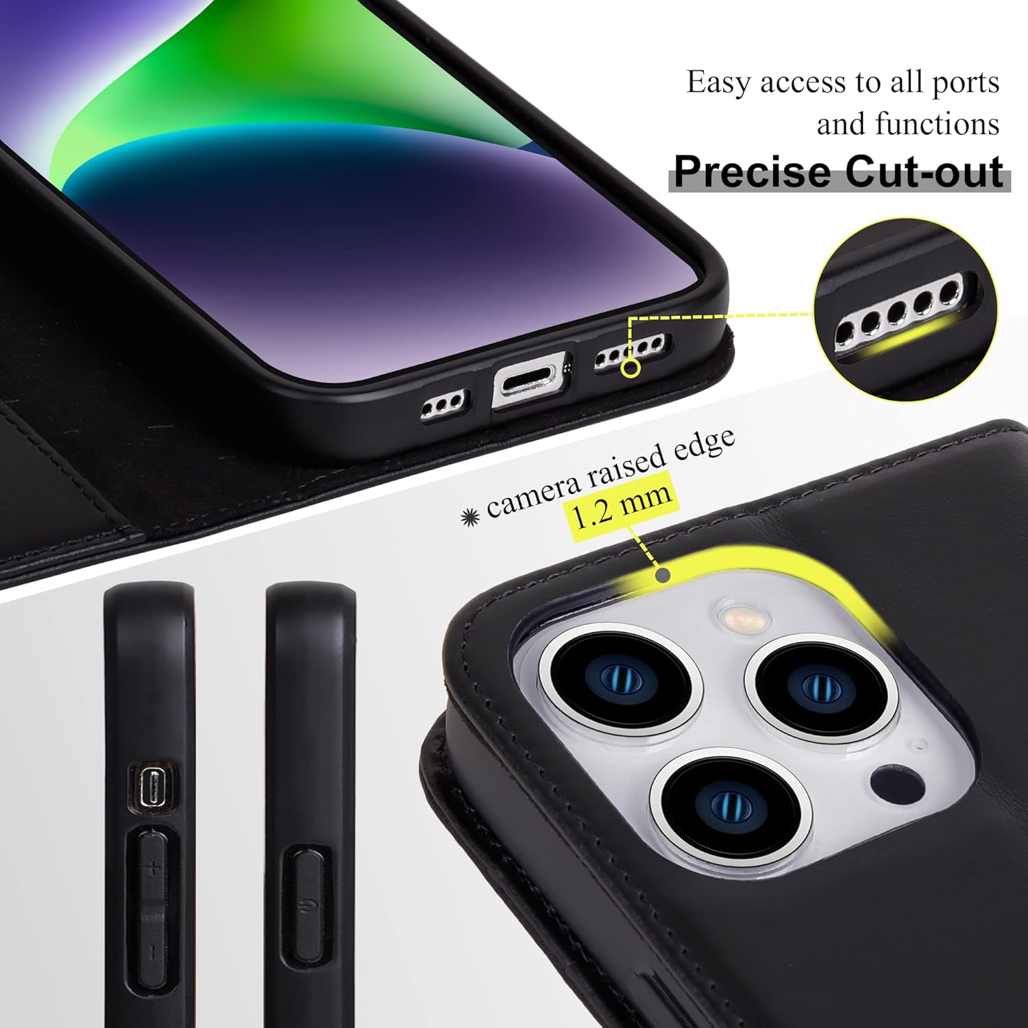 VISOUL Funda de piel auténtica compatible con el teléfono 15 Pro, funda magnética con tapa y soporte para tarjetas para mujeres y hombres, funda