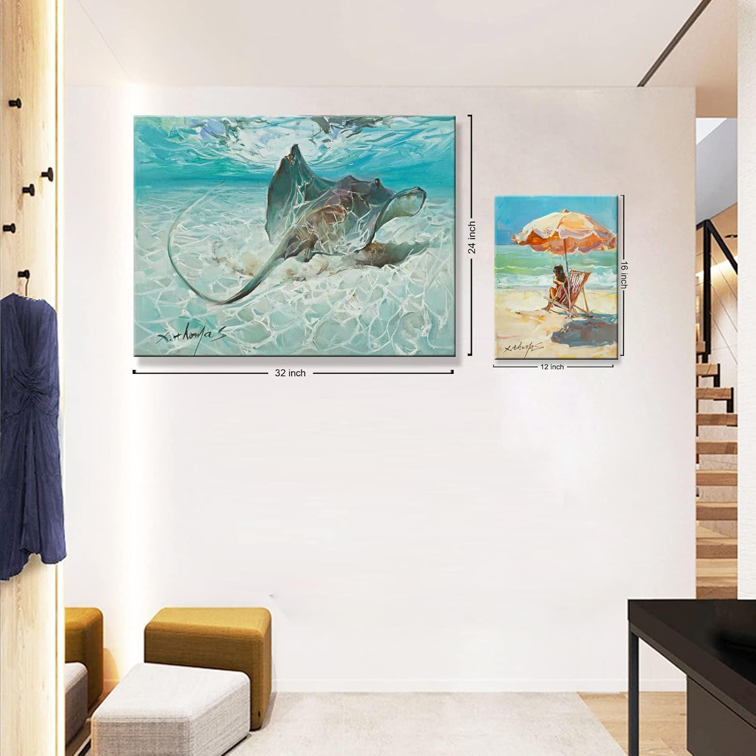 Lienzo decorativo para pared, diseño de mujer en silla bajo un paraguas de playa naranja, imágenes de paisaje marino del océano, ilustraciones para