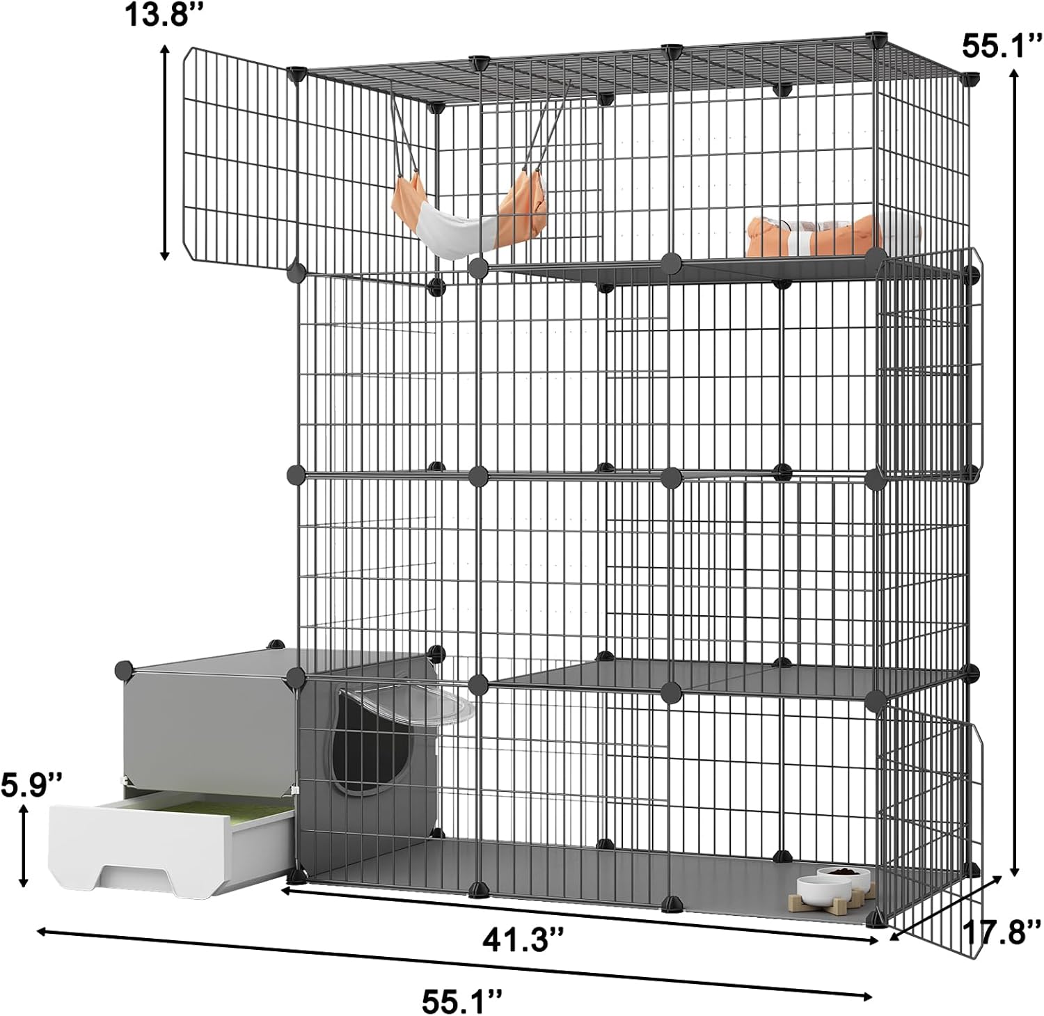 Jaula para gatos con caja de arena, recintos para gatos de 4 niveles, corralito grande, desmontable, alambre de metal, jaula para interiores, lugar