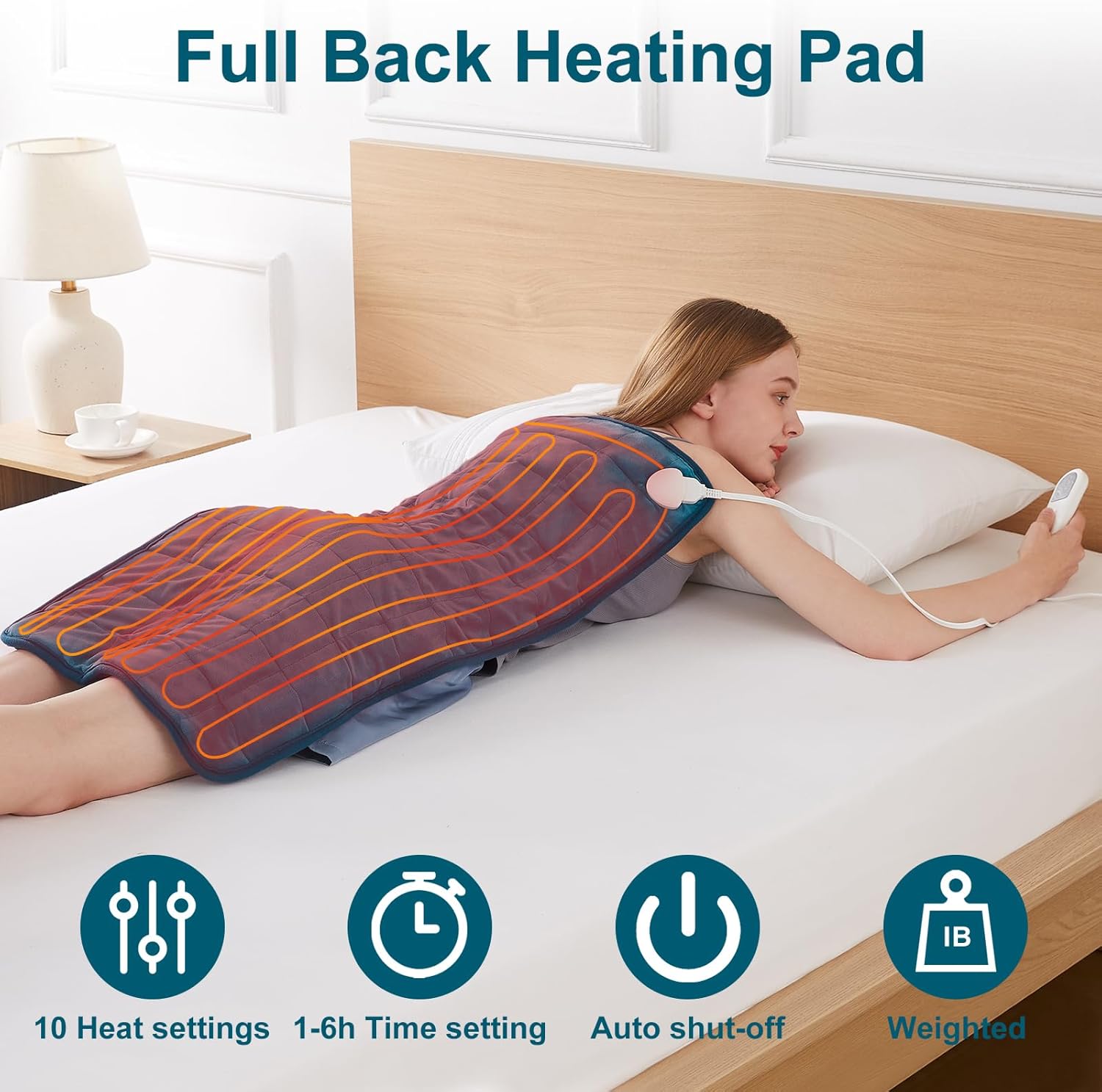 Almohadilla térmica pesada XL  Almohadillas térmicas eléctricas de 2.4 libras para aliviar el dolor de espalda con 10 ajustes de calefacción, 6