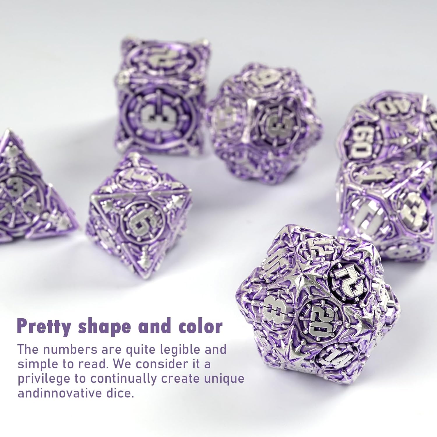 DND – Juego de dados de metal con caja, coloridos dados de pirata DND de 7 piezas para regalos RPG D&D Dungeons and Dragons (morado plateado)