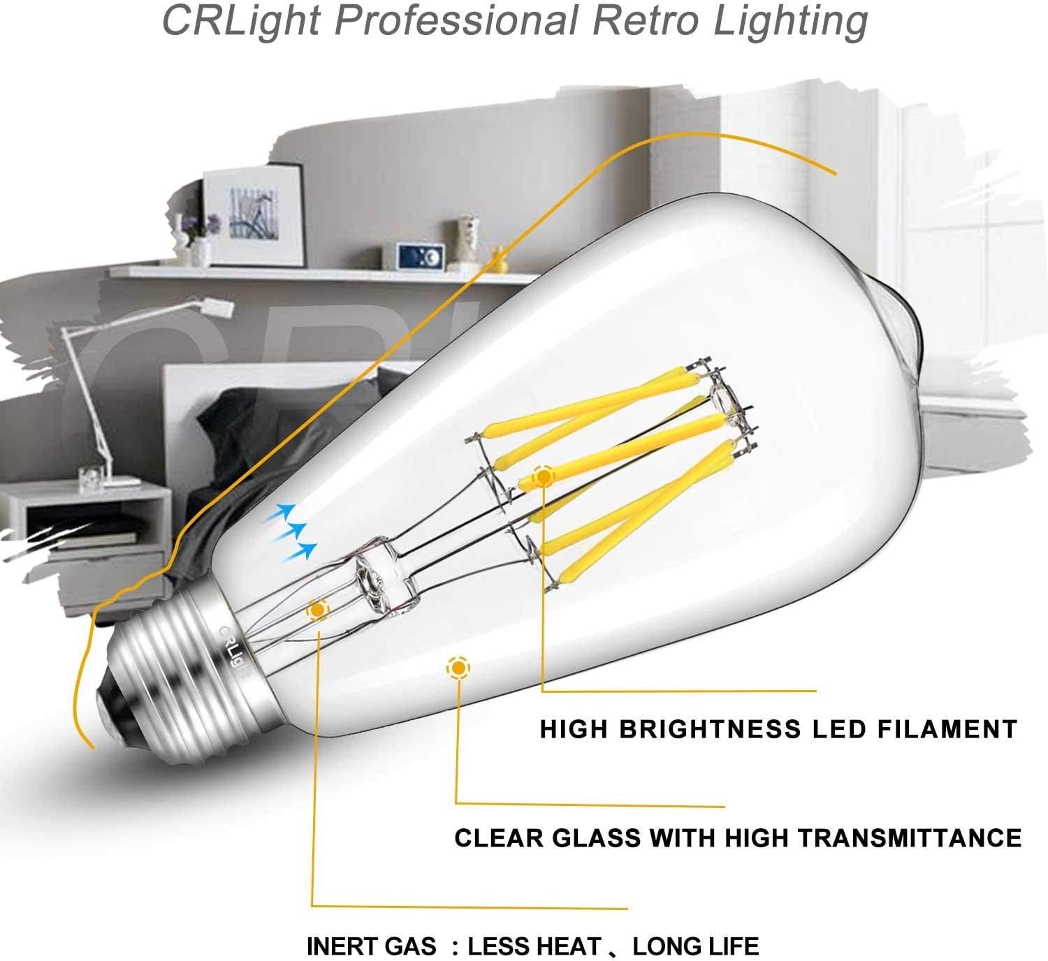 CRLight Bombilla LED Edison regulable de 5000 K, 6 W, luz diurna, brillo blanco, equivalente a 700 W, 700 LM, E26, estilo vintage, ST64, bombillas