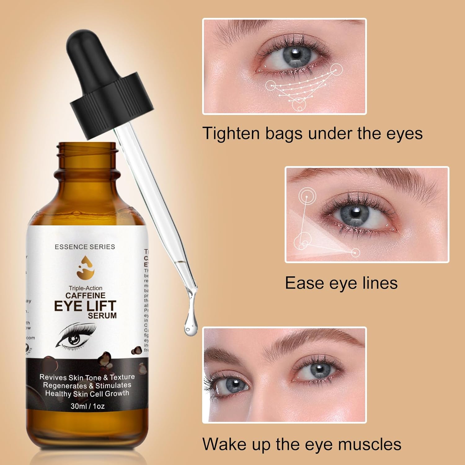 Suero de ojos con cafeína, antienvejecimiento para ojos y cara, suero de cafeína para levantar los ojos, reduce la hinchazón, las ojeras, las bolsas