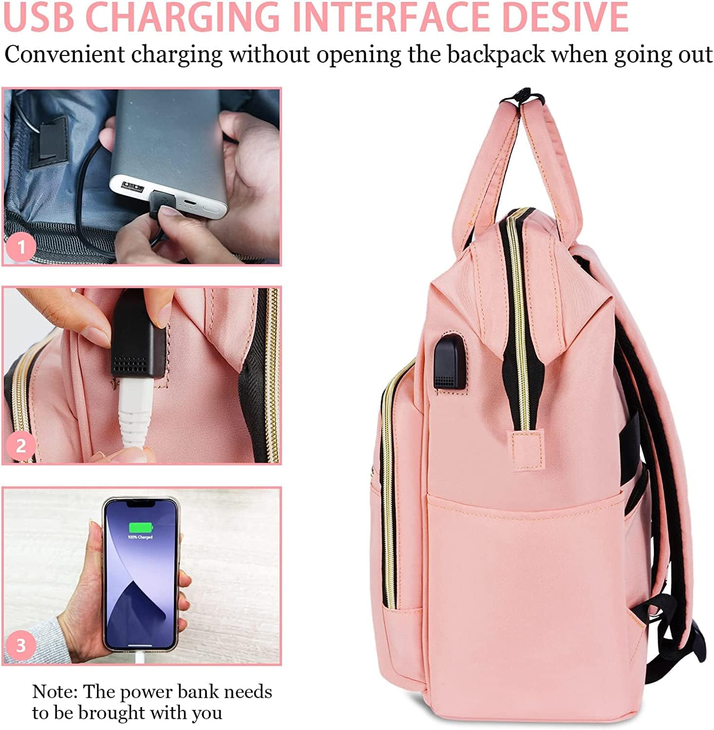 Ytonet Mochila rosa para laptop, mochila de transporte de 17.3 pulgadas para mujeres, profesores, enfermeras con puerto de carga USB, gran
