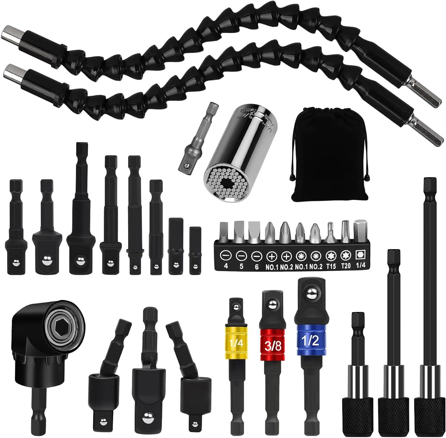 Juego de extensión de broca flexible de 32 piezas, accesorios de taladro de ángulo recto de 105, enchufe de junta giratoria de 14 38 12 en adaptador