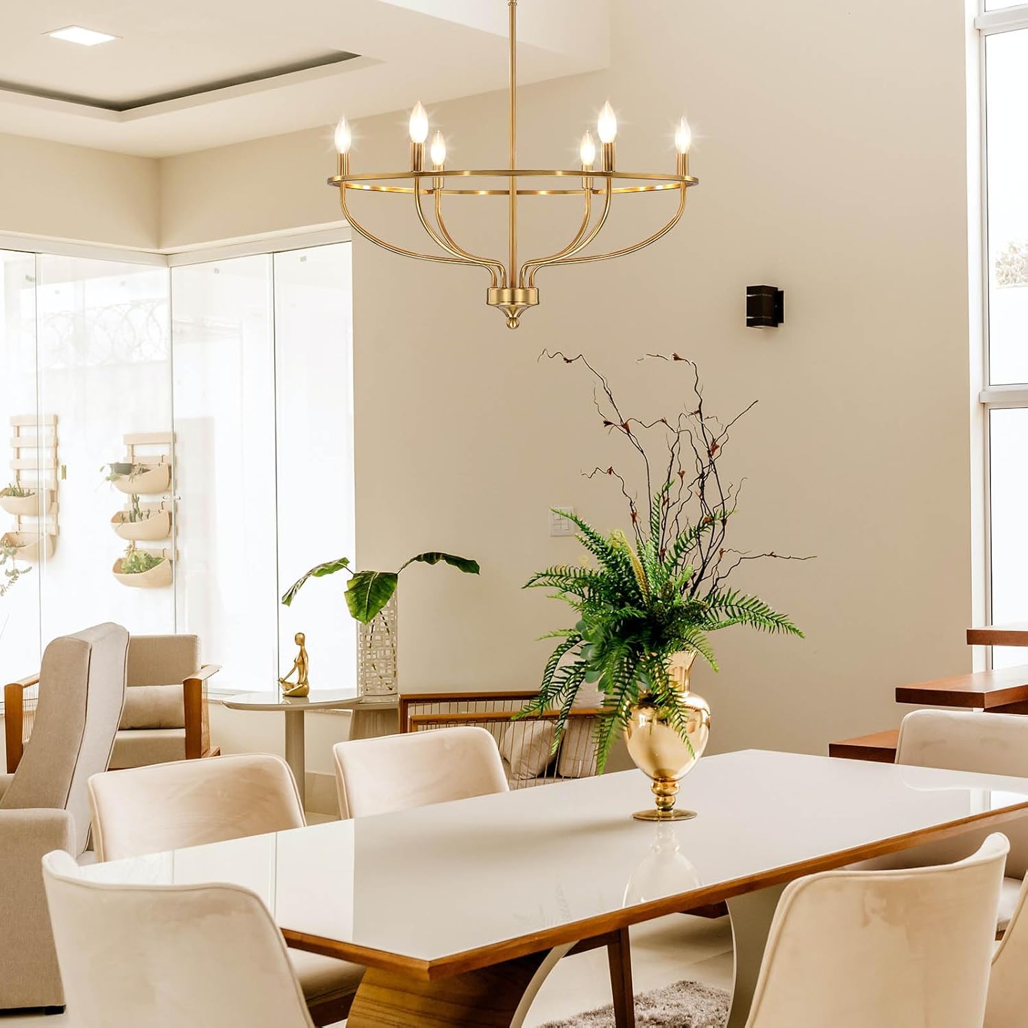 Candelabro dorado para comedor, 28.5 pulgadas de diámetro, moderna, estilo granja, lámpara sobre mesa, lámpara de araña de latón con 6 luces para
