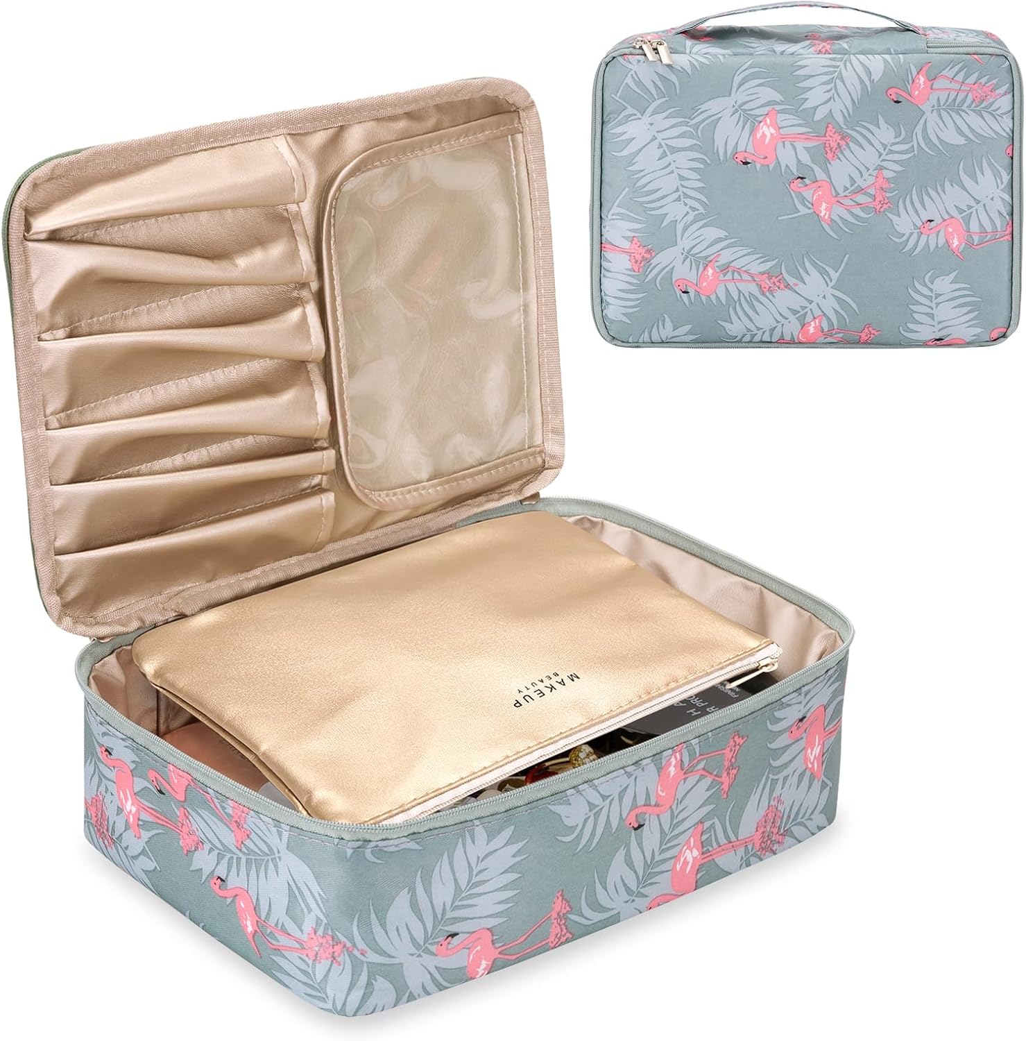 Ginsco Bolsa de maquillaje de viaje con soporte para cepillos, bolsa de cosméticos grande, organizador de maquillaje de viaje, portátil, resistente