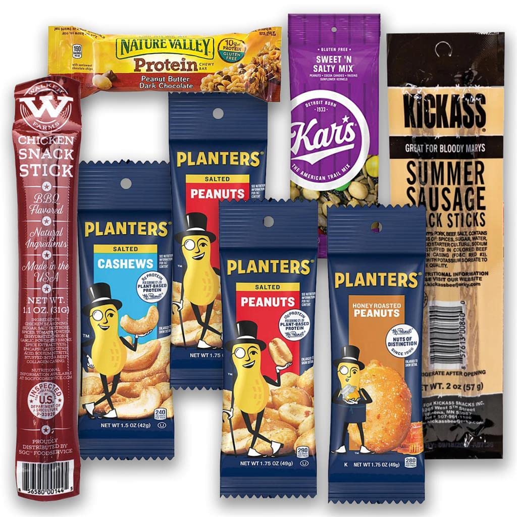 Snacks altos en proteínas para adultos y niños  Paquete variado de 8 piezas  2.96 oz de proteína  Sin gluten  Nueces, palitos de carne, barras de